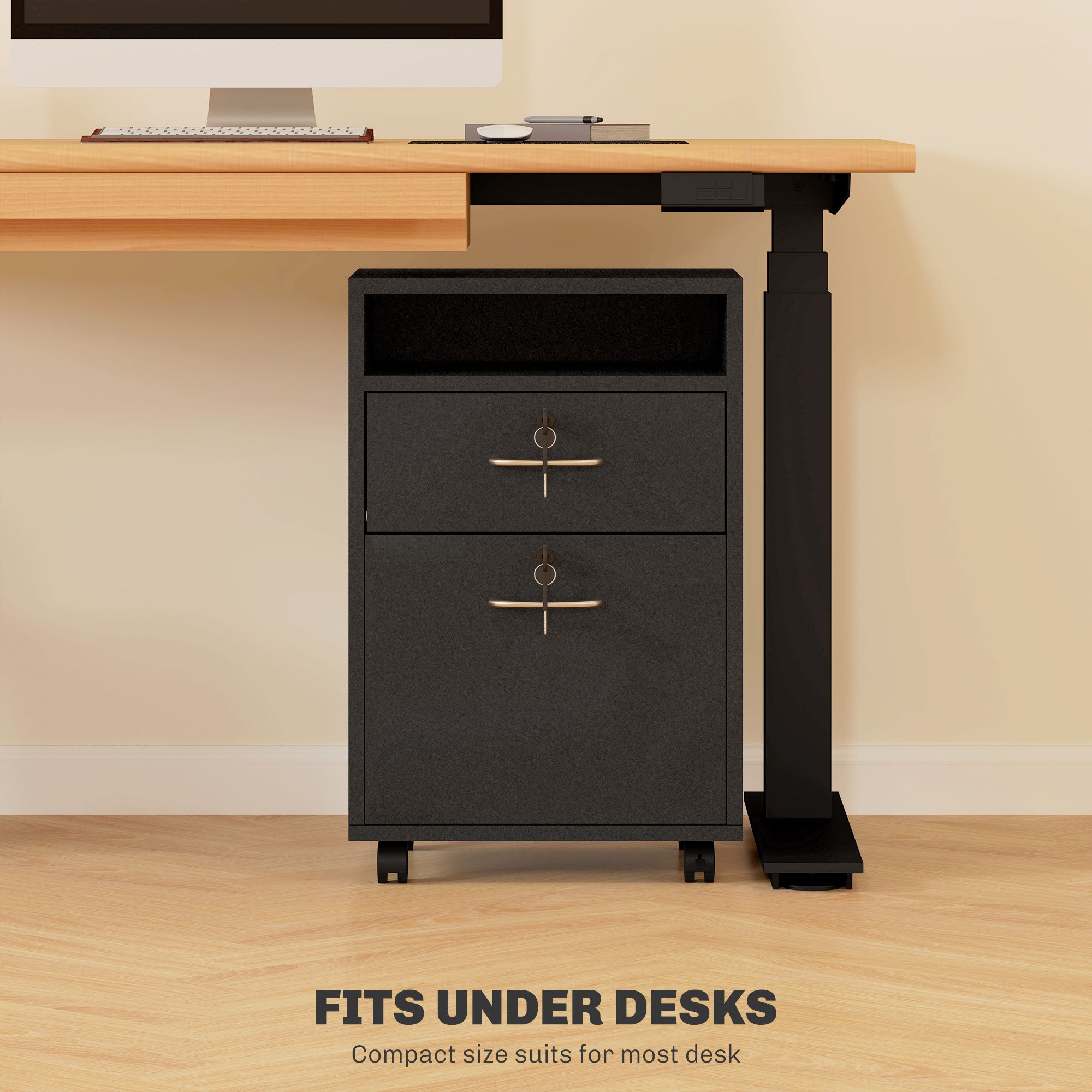 HOMCOM 60cm Filing Cabinet with Drawer, Open Shelf, Metal Handles and 4 Wheels, Office Home Organiser Mobile Printer with Two Locks, Black - North Peak Garden Furniture