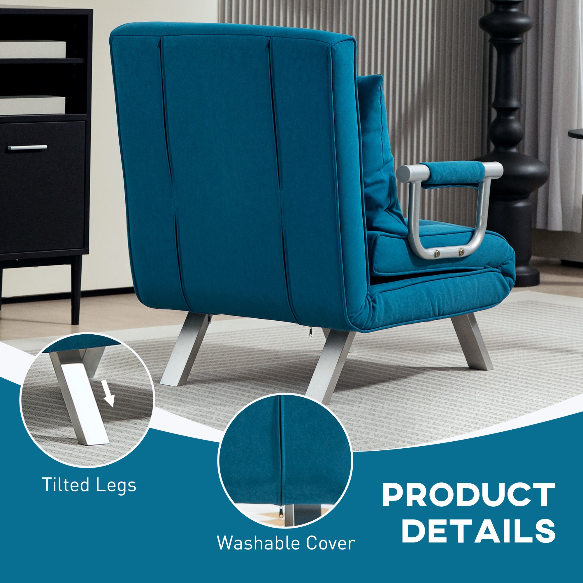 HOMCOM 4-in-1 Faux Suede Chair Bed - Blue - North Peak Garden Furniture