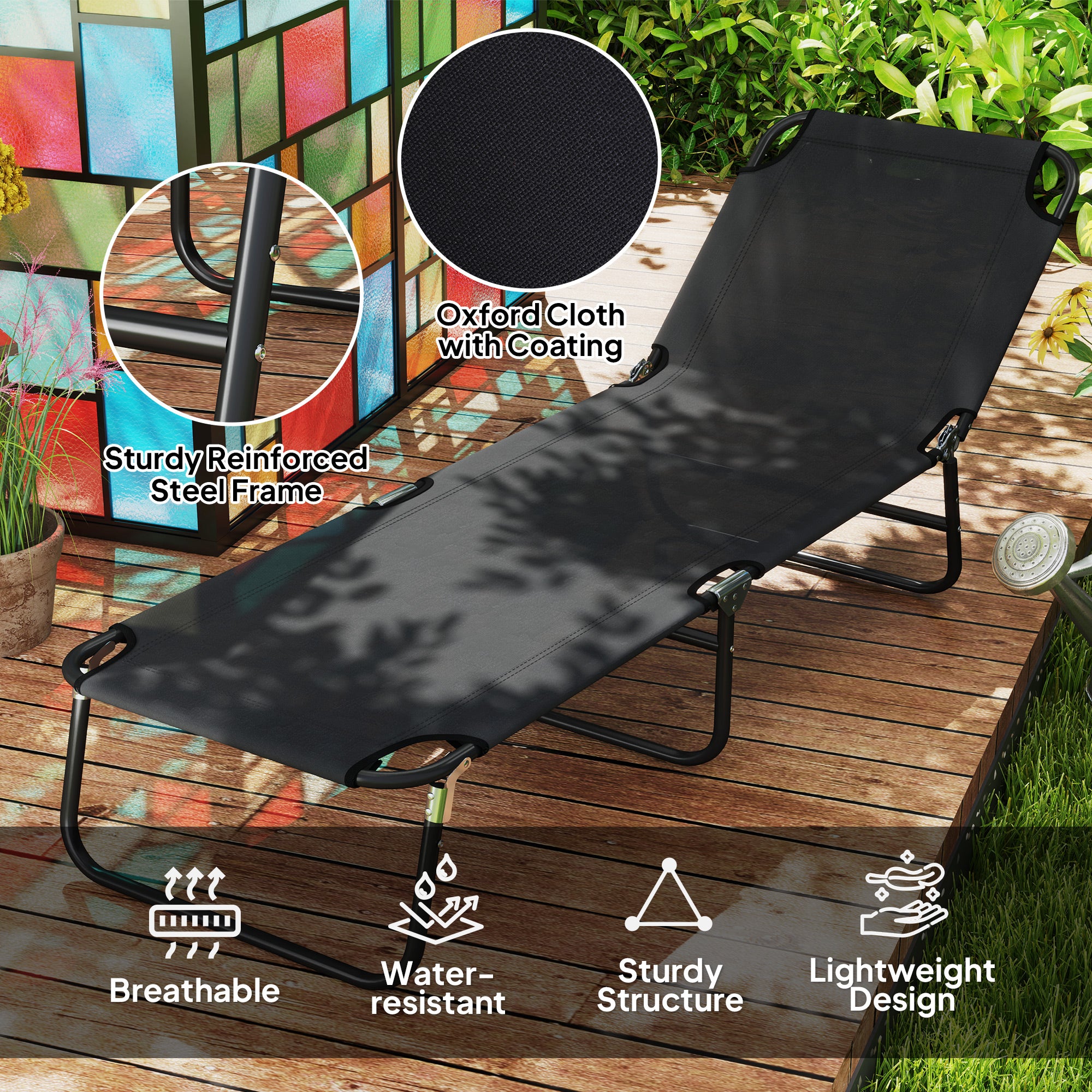Outsunny Garden Sun Lounger, with Five-Position Back - Black - North Peak Garden Furniture