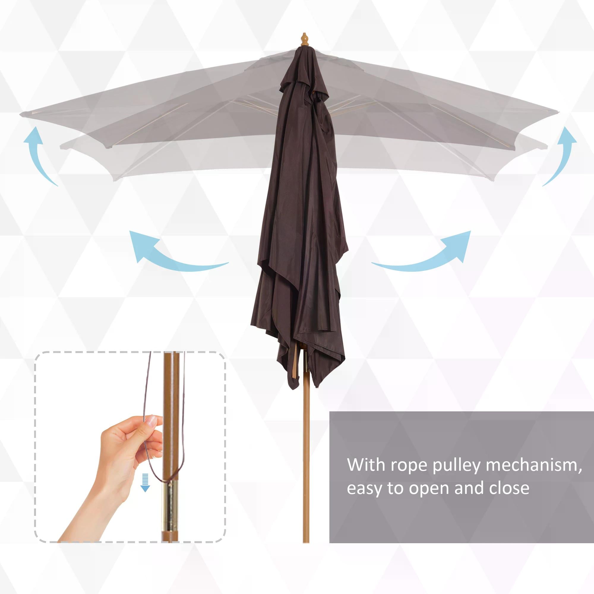 Outsunny Garden Parasol Umbrella Wooden Sun Umbrella Outdoor Sun Shade Canopy, Dark Coffee，2 x 3m