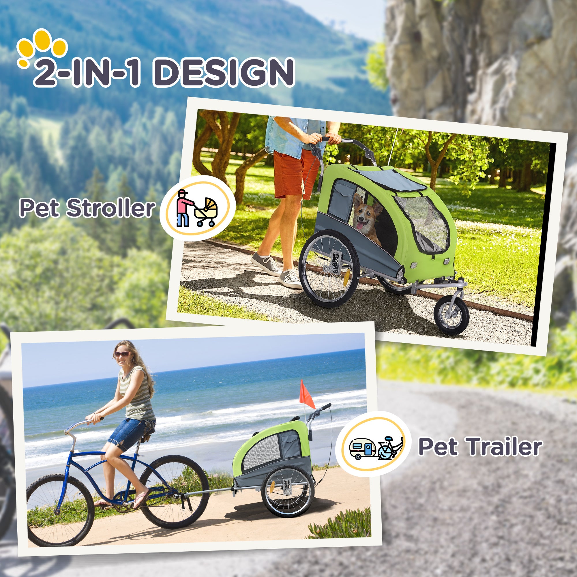 PawHut Dog Bike Trailer Pet Stroller Cart Carrier for Bicycle 360° Rotatable with Reflectors 3 Wheels Hitch Coupler Push/ Pull/ Brake Water Resistant Green