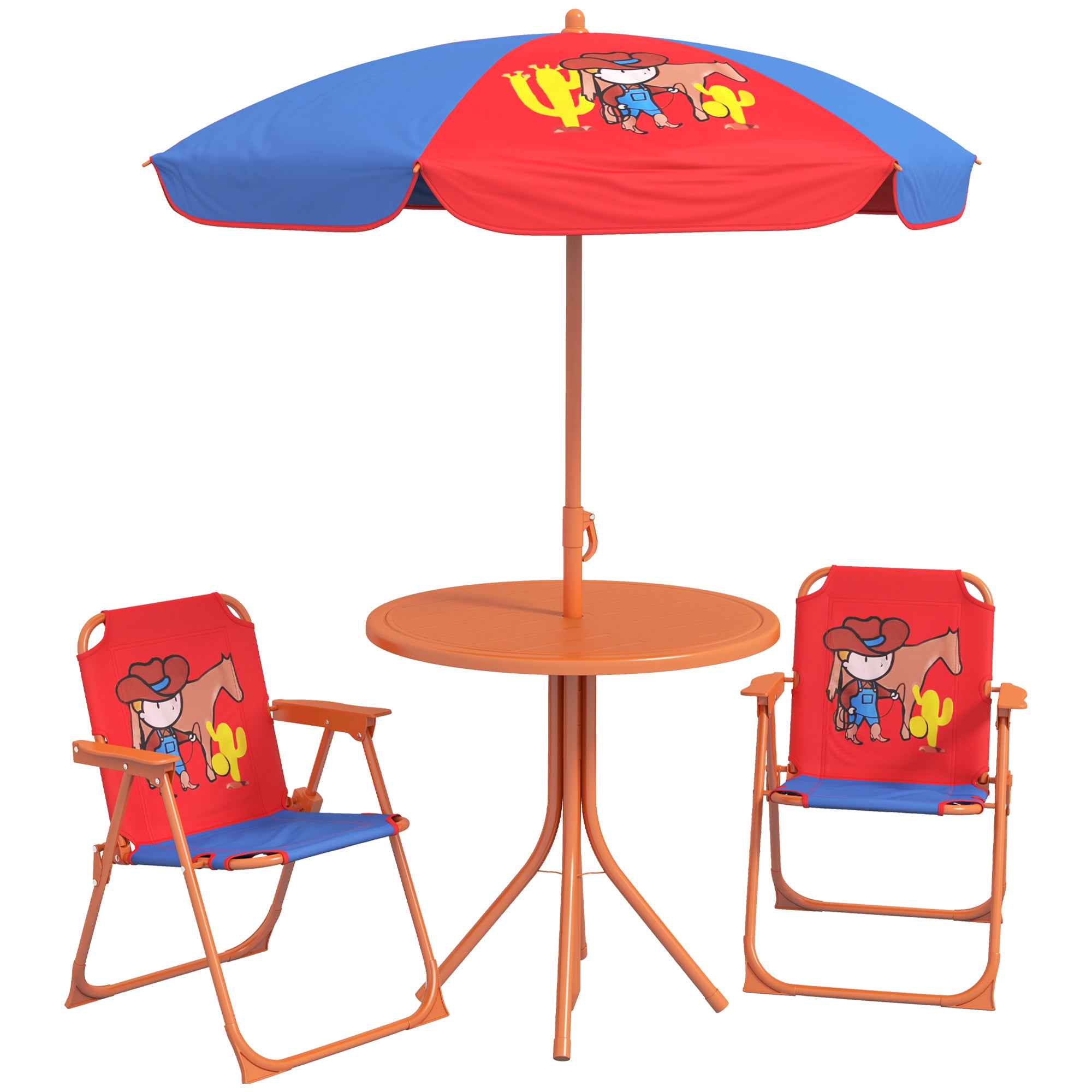 Outsunny Kids Picnic Table and Chair Set, Cowboy Themed Outdoor Garden Furniture w/ Foldable Chairs, Adjustable Parasol