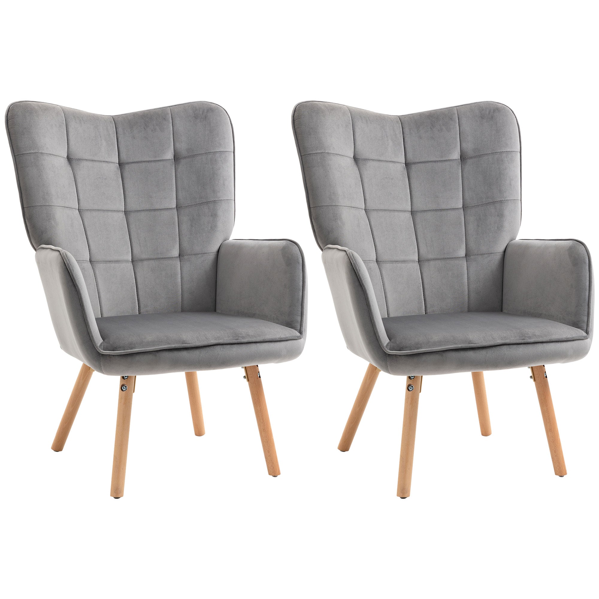 HOMCOM Modern Accent Chair Velvet-Touch Tufted Wingback Armchair Upholstered Leisure Lounge Sofa Club Chair with Wood Legs, Set of 2, Grey