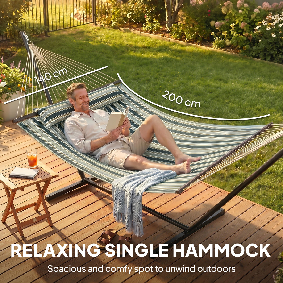 Outsunny Outdoor Hammock with Stand Detachable Pillow Striped Swing Steel Frame, for Garden, Patio, Green