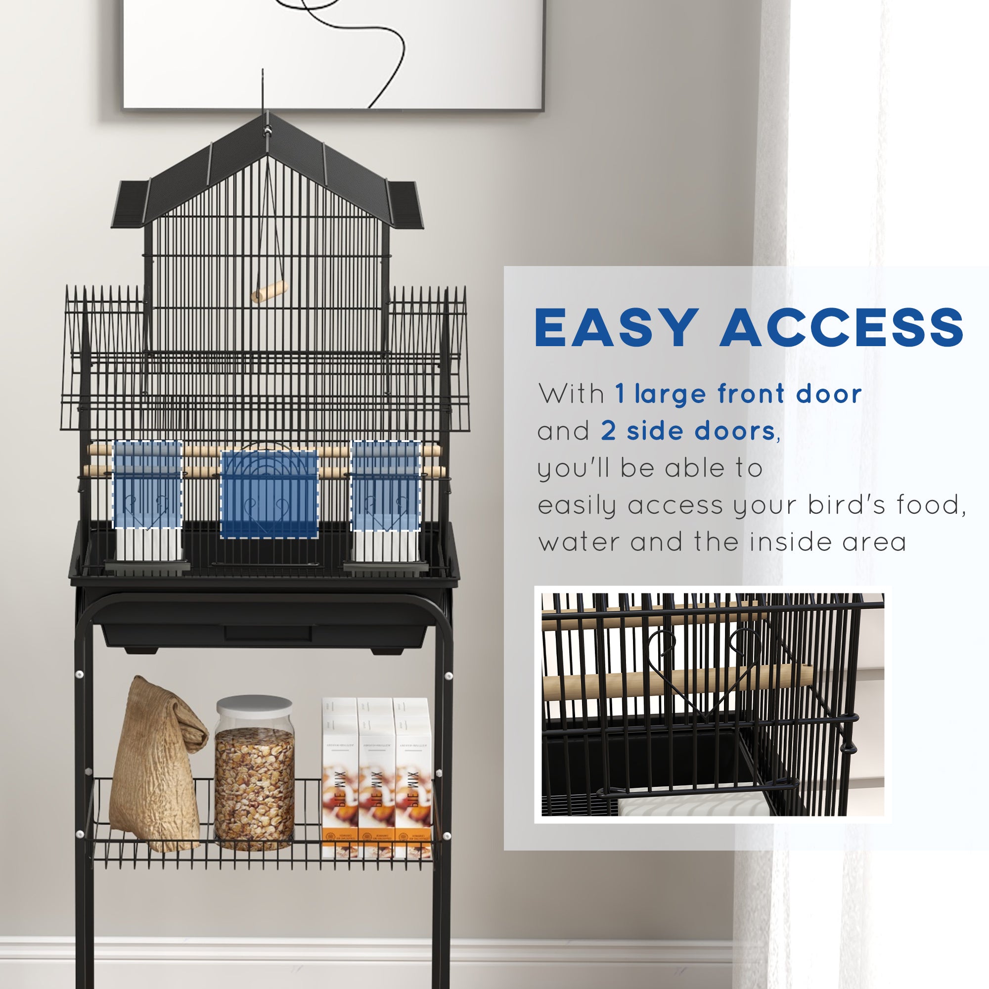 PawHut Metal Bird Cage with Plastic Swing, Perch, Food Container, Tray, Handle, for Finches, Canaries, Budgies, 50.5 x 40 x 63cm - North Peak Garden Furniture