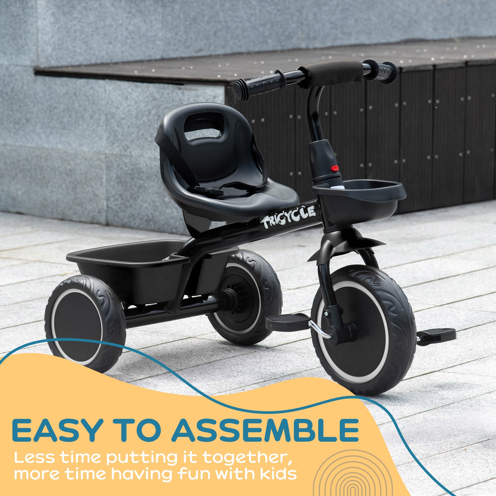 AIYAPLAY Kids Trike for 2-5 Years with Adjustable Seat, Pedal, Baskets, Black - North Peak Garden Furniture