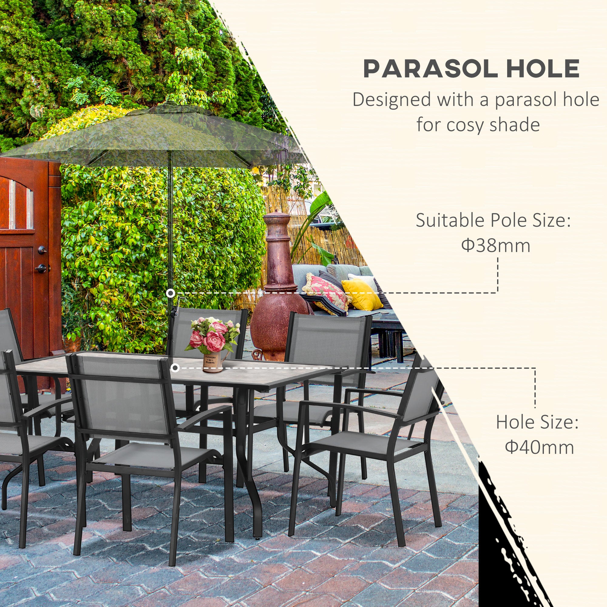 Outsunny 7 Pieces Garden Dining Set, 6 Seater Garden Table and Chairs with Parasol Hole, Outdoor Furniture Armchairs and Stone-like Plastic Top Table with Breathable Mesh Fabric Seat, Grey - North Peak Garden Furniture
