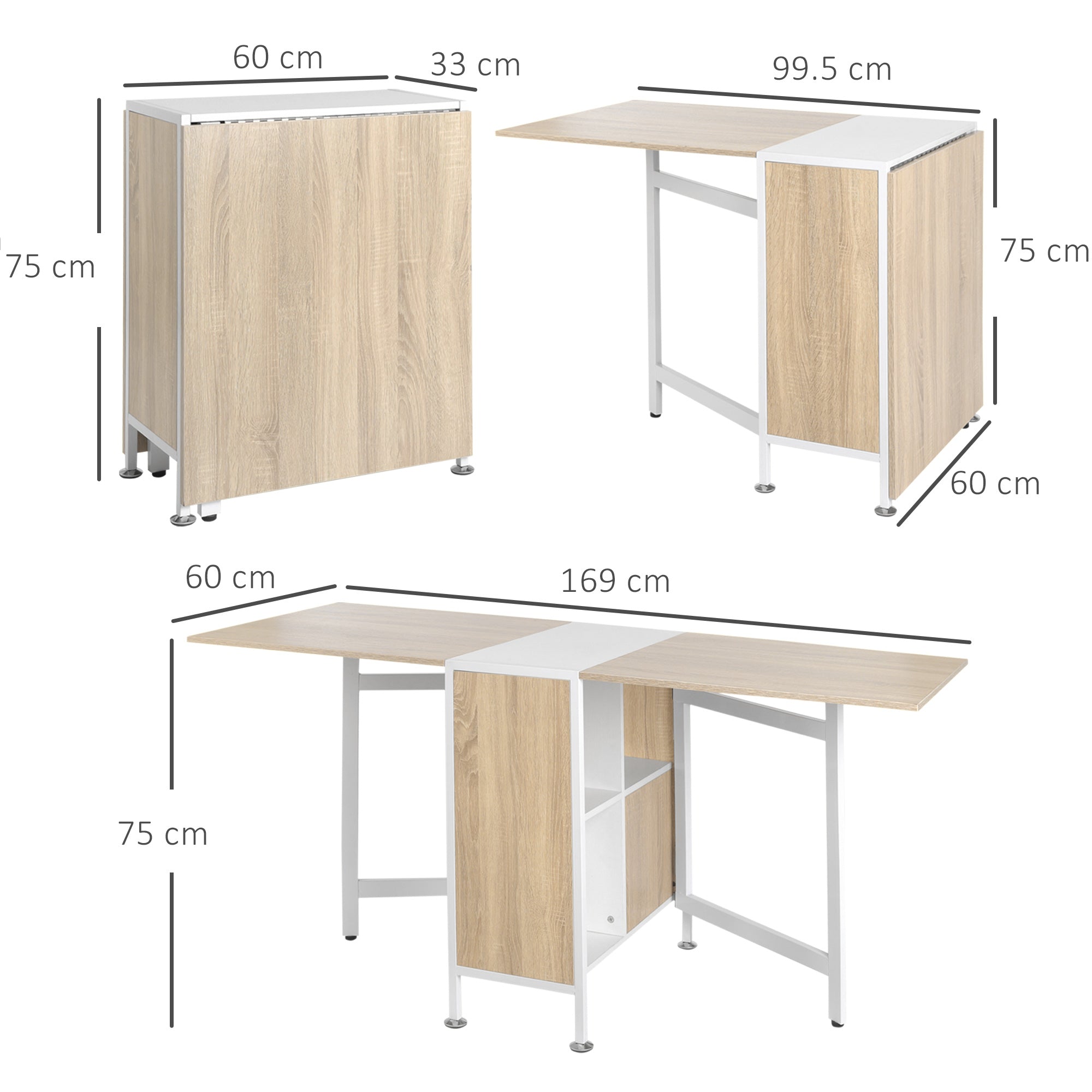 HOMCOM Foldable Drop Leaf Dining Table Folding Workstation for Small Space with Storage Shelves Cubes Oak & White - North Peak Garden Furniture