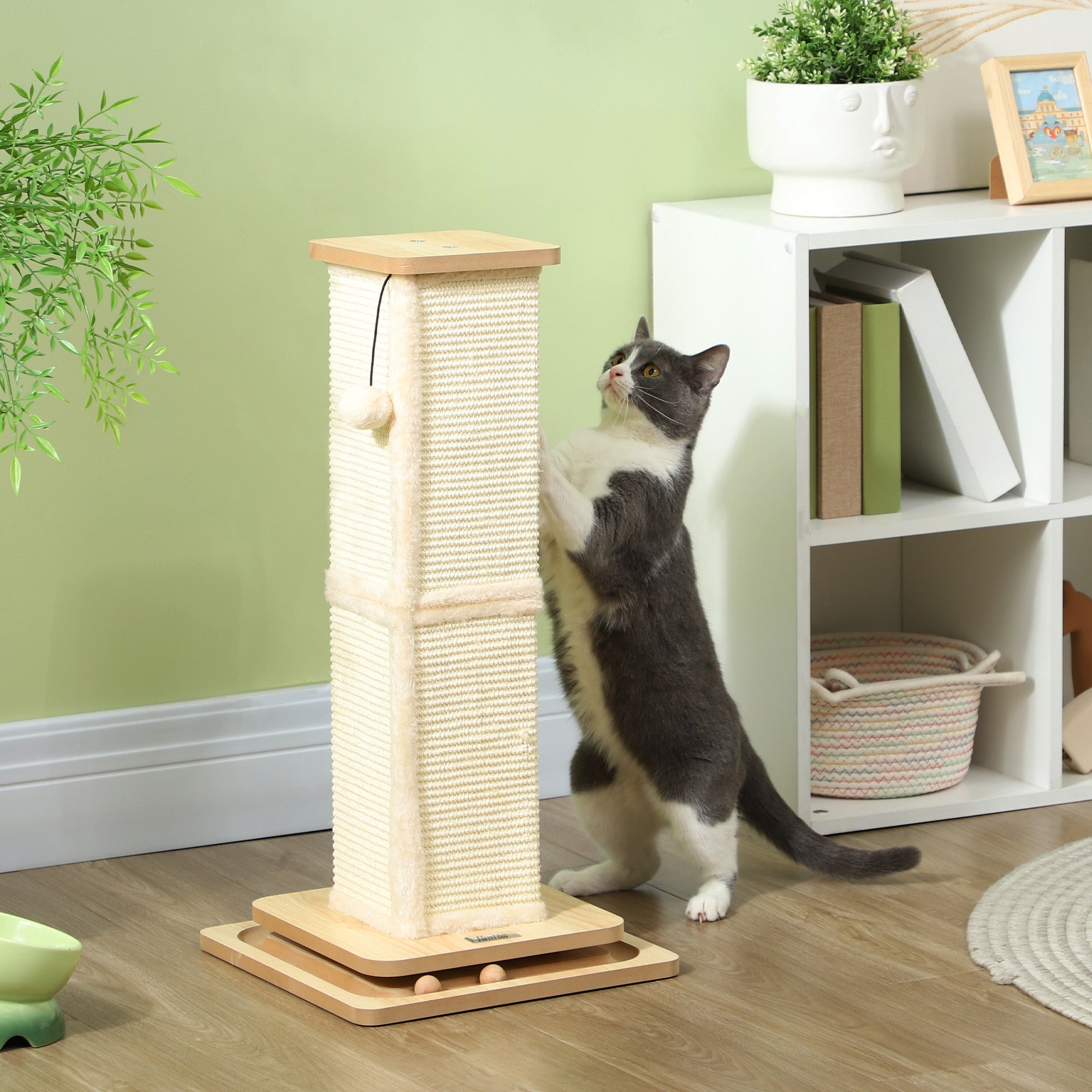 PawHut 3-in-1 Cat Scratching Post, 67cm Cat Scratcher w/ Track Ball Toy, Oak Tone