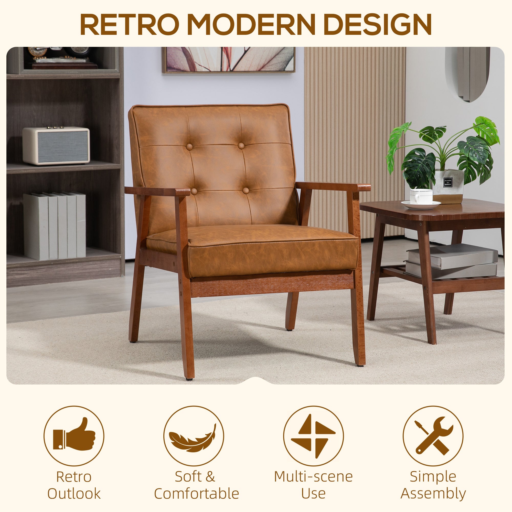 HOMCOM 2 Pack Retro-Style Accent Chair, with Faux Leather Seat - Brown - North Peak Garden Furniture