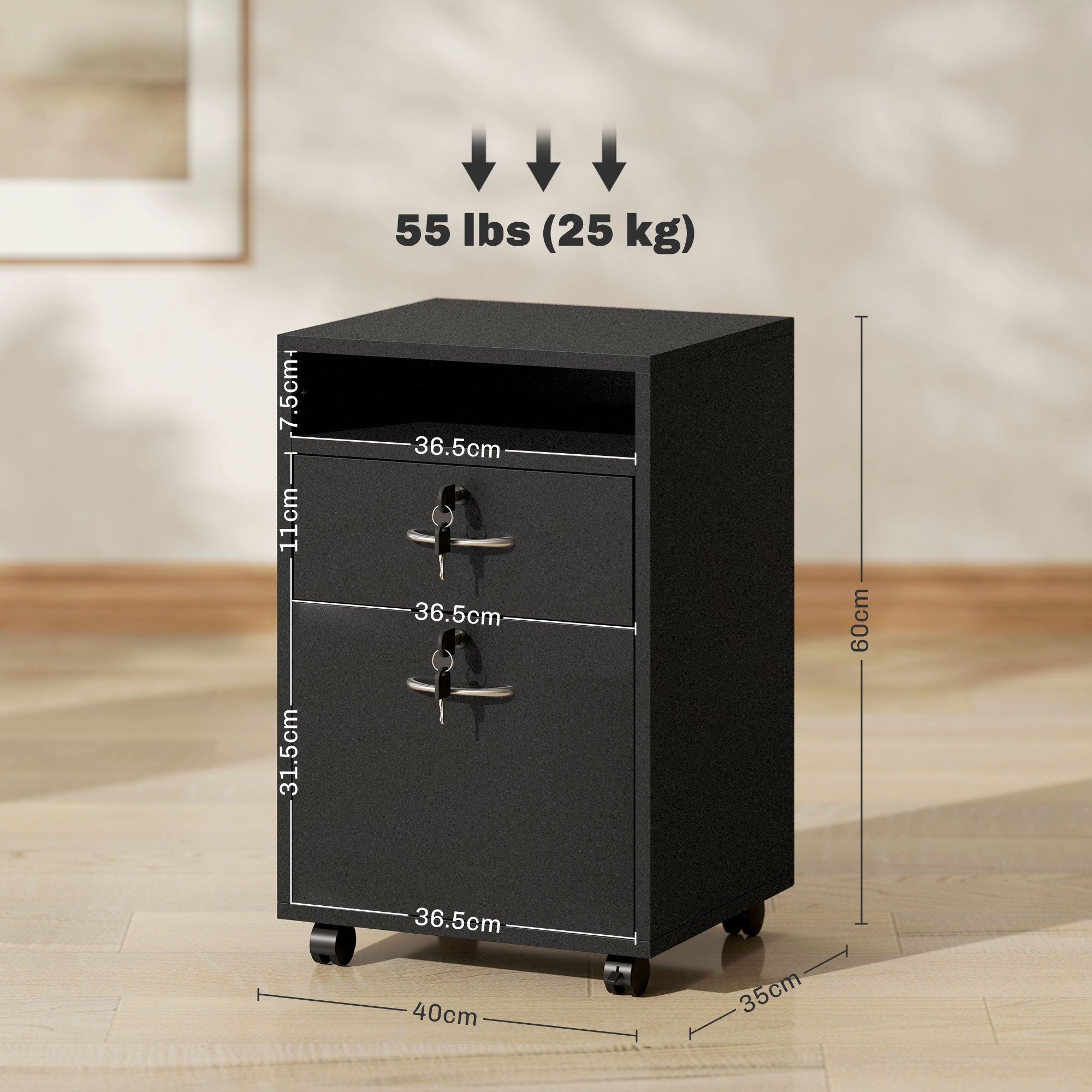 HOMCOM 60cm Filing Cabinet with Drawer, Open Shelf, Metal Handles and 4 Wheels, Office Home Organiser Mobile Printer with Two Locks, Black - North Peak Garden Furniture