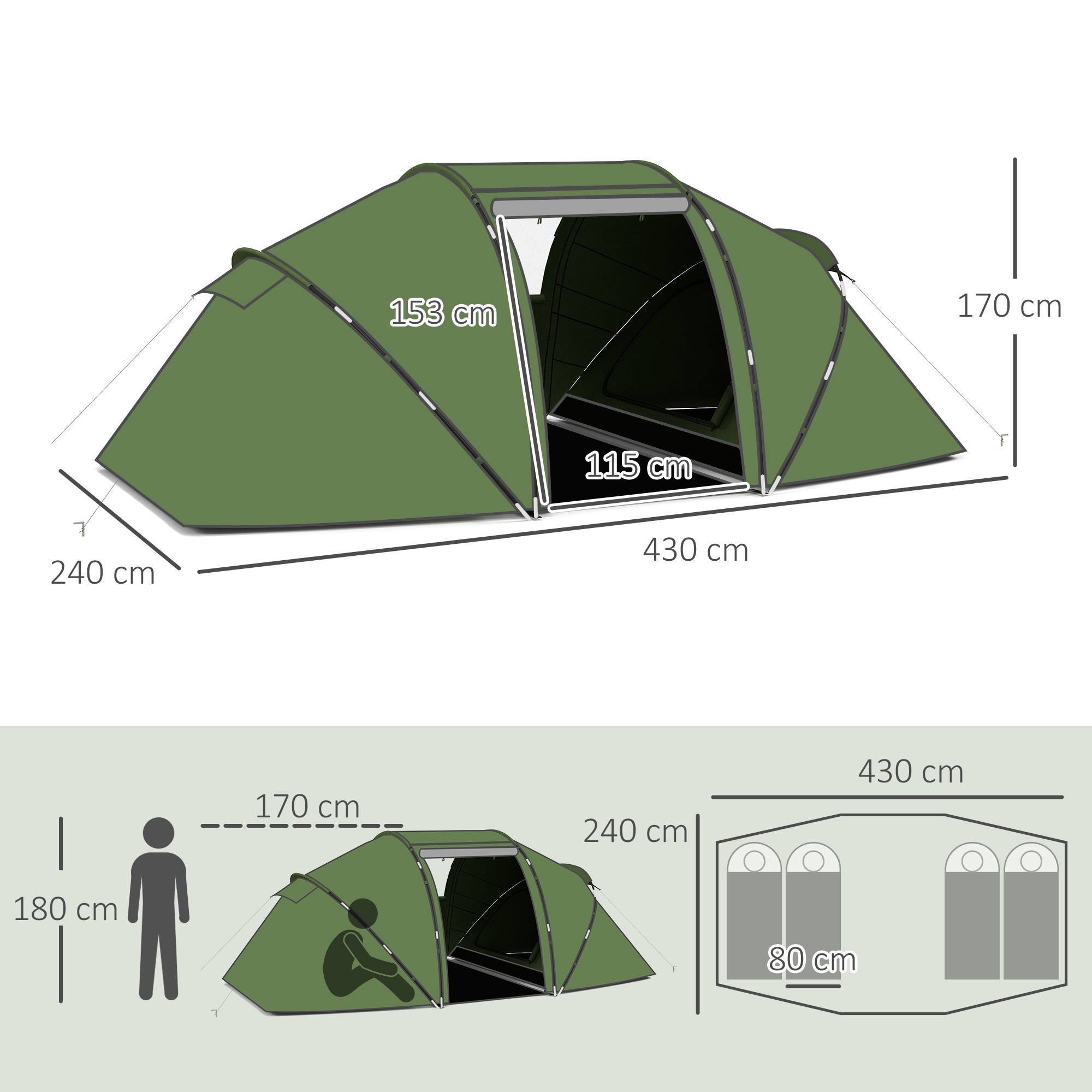 Outsunny 4-6 Man Camping Tent w/ Two Bedroom, Hiking Sun Shelter, UV Protection Tunnel Tent, Dark Green