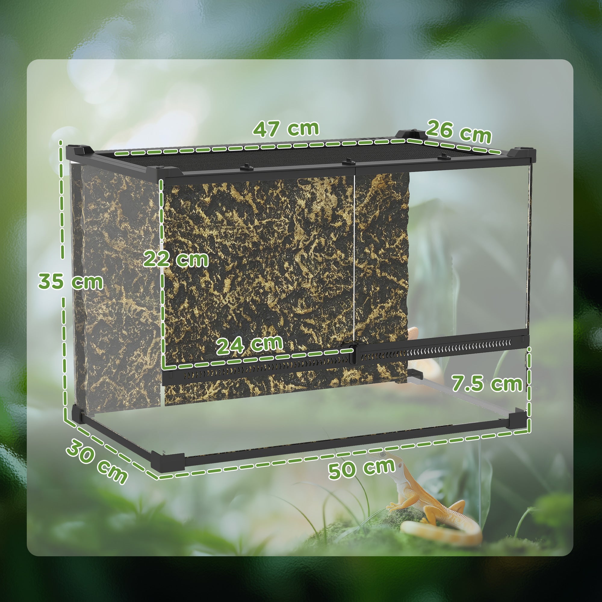 PawHut Reptile Glass Terrarium with Stone Background, Front Ventilation, Escape-Proof Knob Lock, 50 x 30 x 35 cm, Black