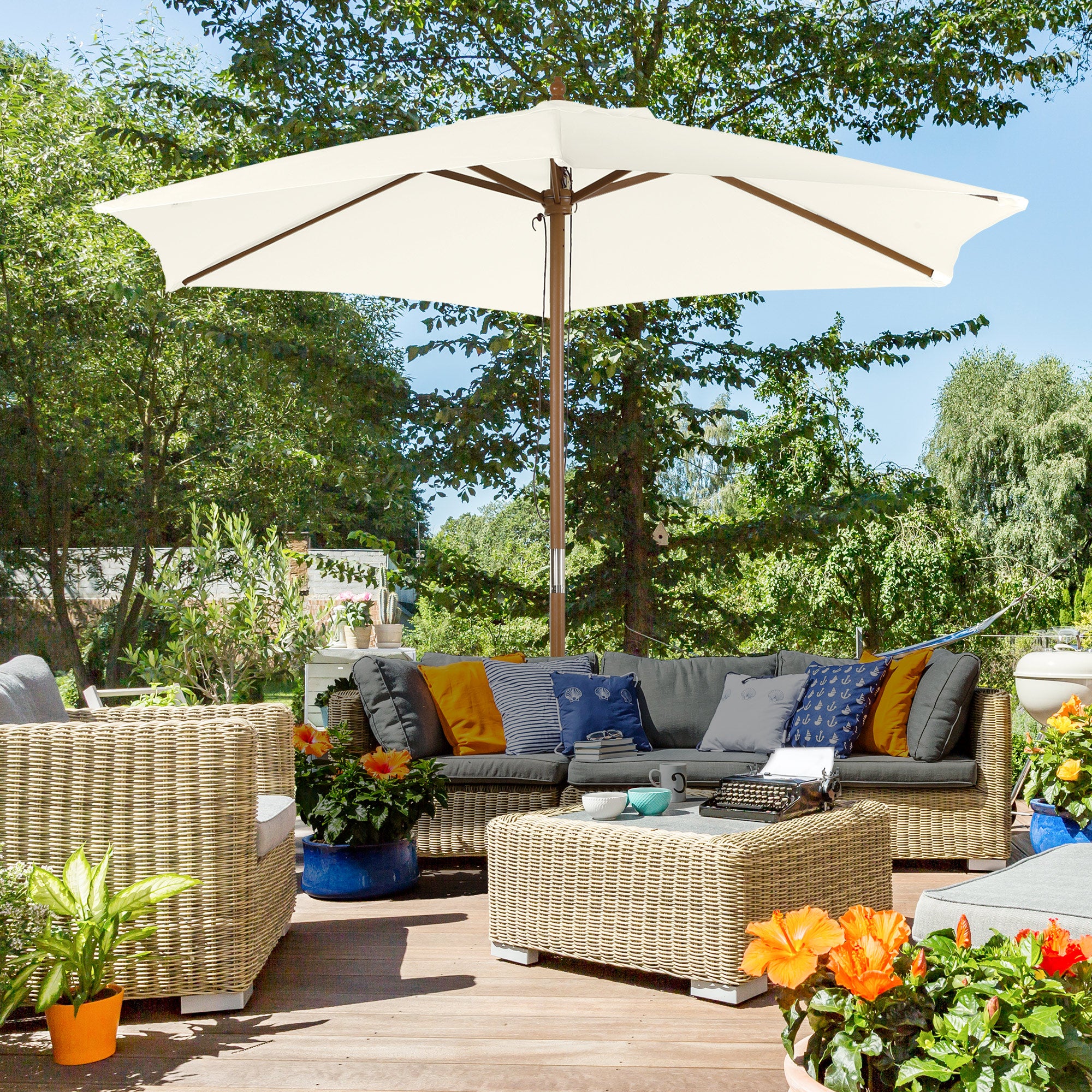 Outsunny 2.5m Patio Umbrella, Wood Garden Parasol, Sun Shade with 6 Ribs and Top Vent for Outdoor, White - North Peak Garden Furniture