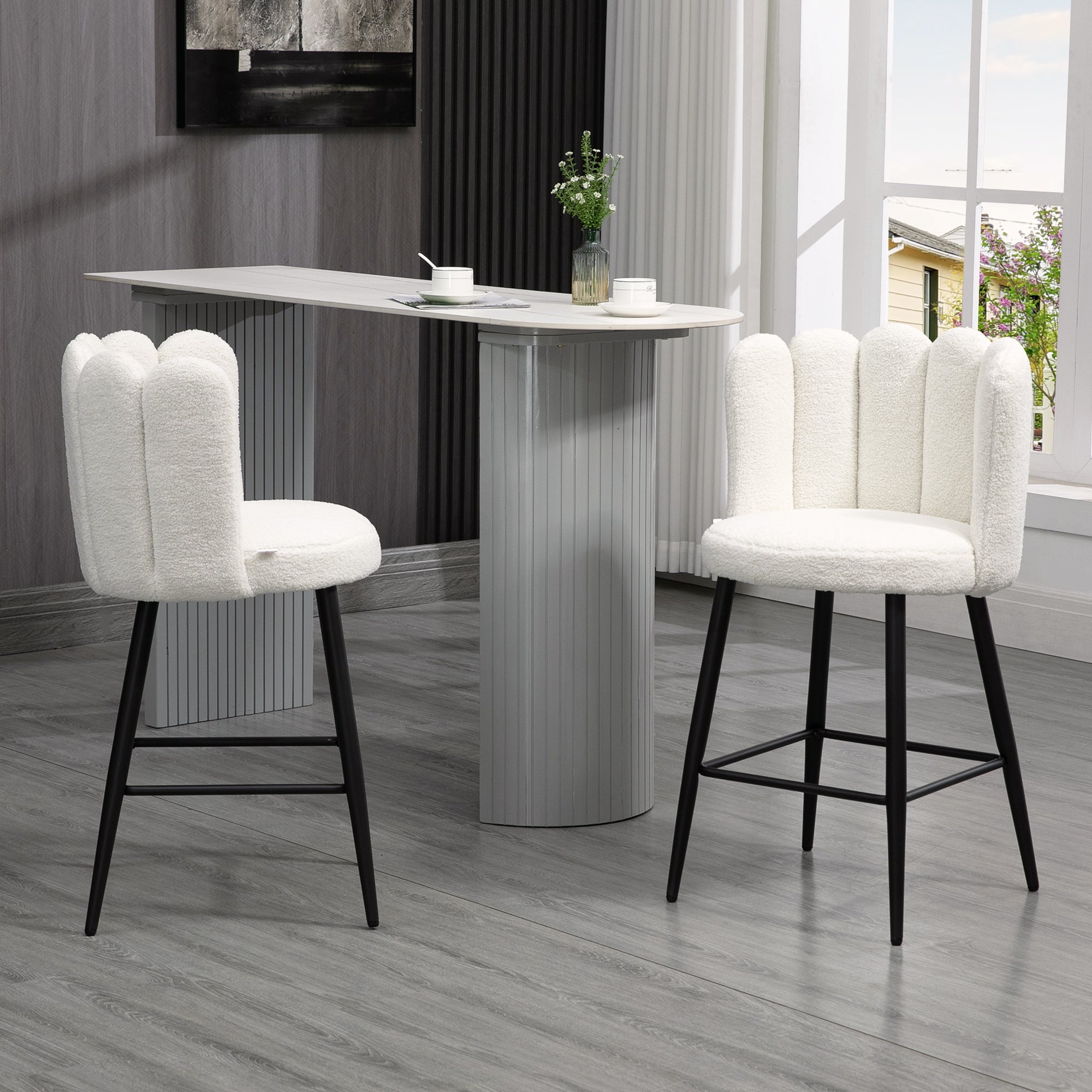 HOMCOM Bar Stools Set of 2, Faux Cashmere Upholstered Breakfast Bar Chairs, Modern Kitchen Stools with Backs, Footrest and Steel Base, Cream - North Peak Garden Furniture