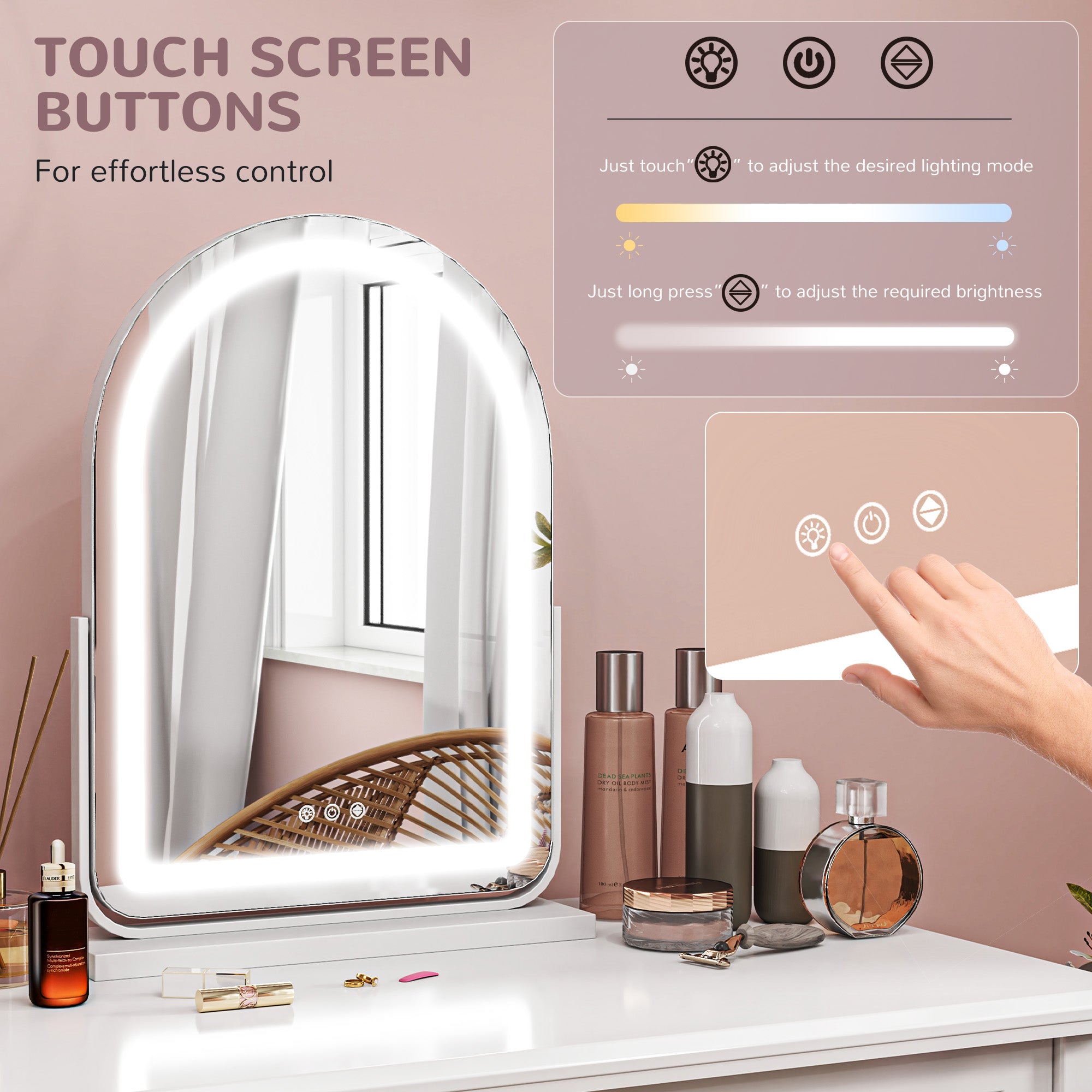 HOMCOM LED Vanity Mirror with Lights, 43 x 59cm Lighted Makeup Mirror with 3 Colour, 360° Rotation, Touch Screen, for Bedroom and Dressing Room, White - North Peak Garden Furniture