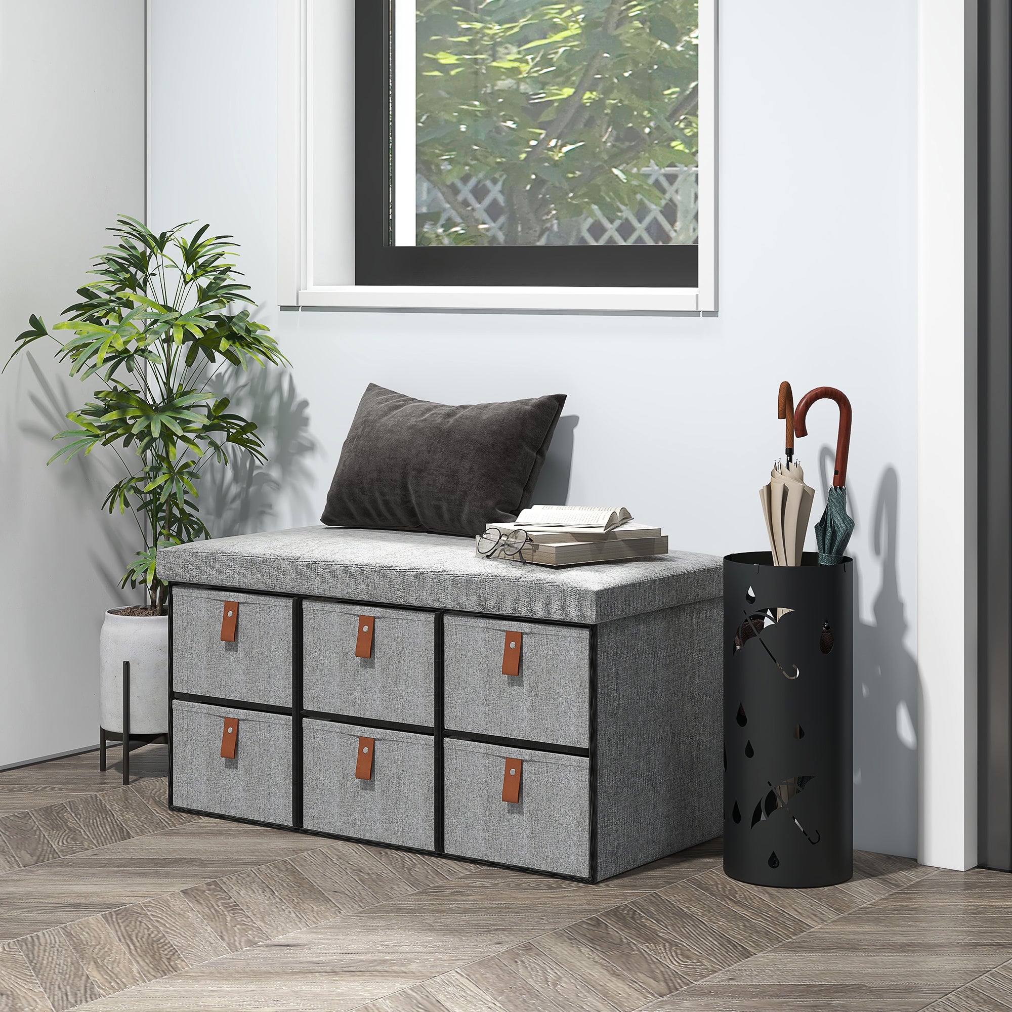 HOMCOM Shoe Bench with Seat, Shoe Storage Bench with Cushion and 6 Fabric Drawers for Entryway, Hallway, Living Room, Bedroom, Light Grey - North Peak Garden Furniture