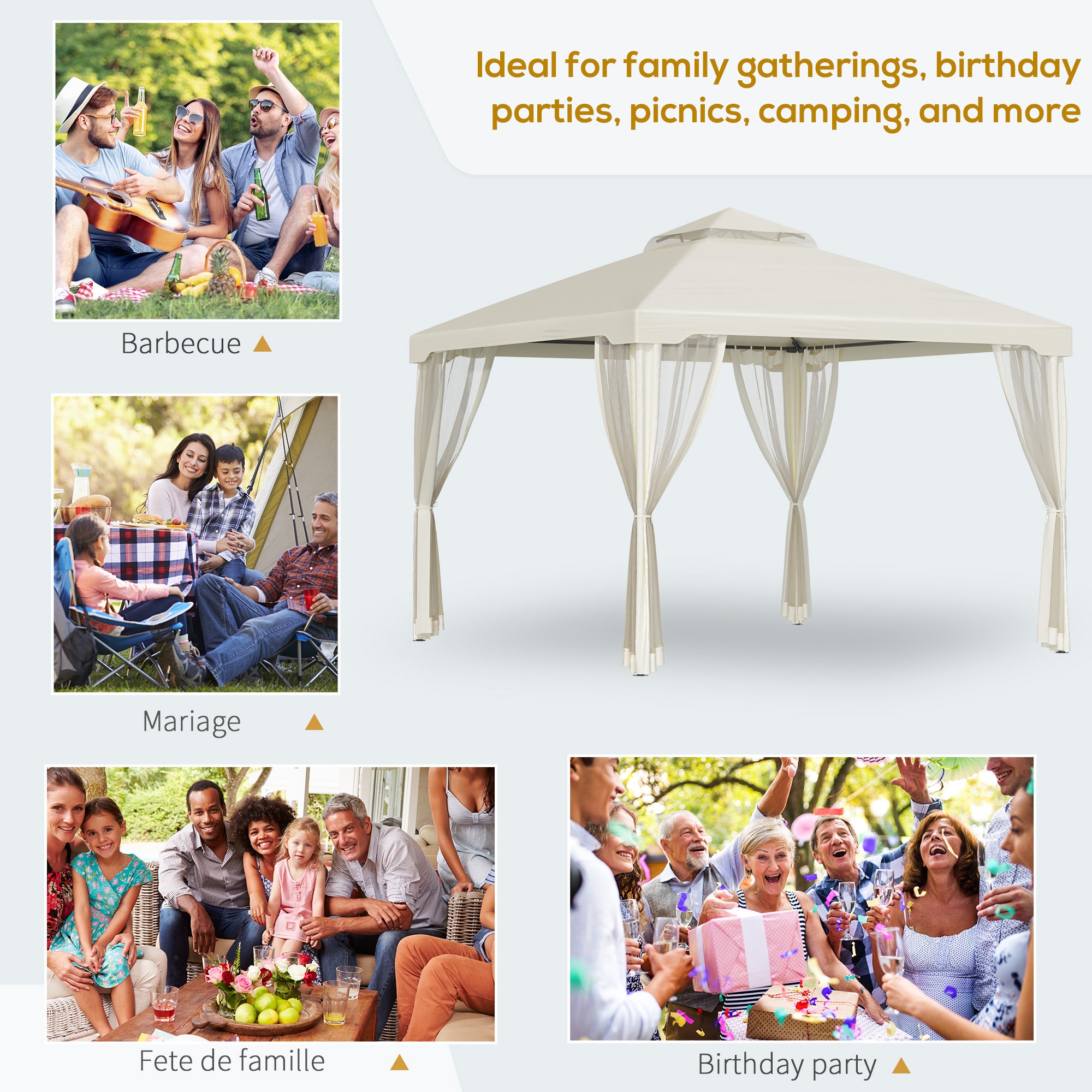 Outsunny 3 x 3 m Metal Gazebo, Garden Pavillion, Double Roof Outdoor Canopy Shelter with Mesh Sidewalls, Cream White - North Peak Garden Furniture