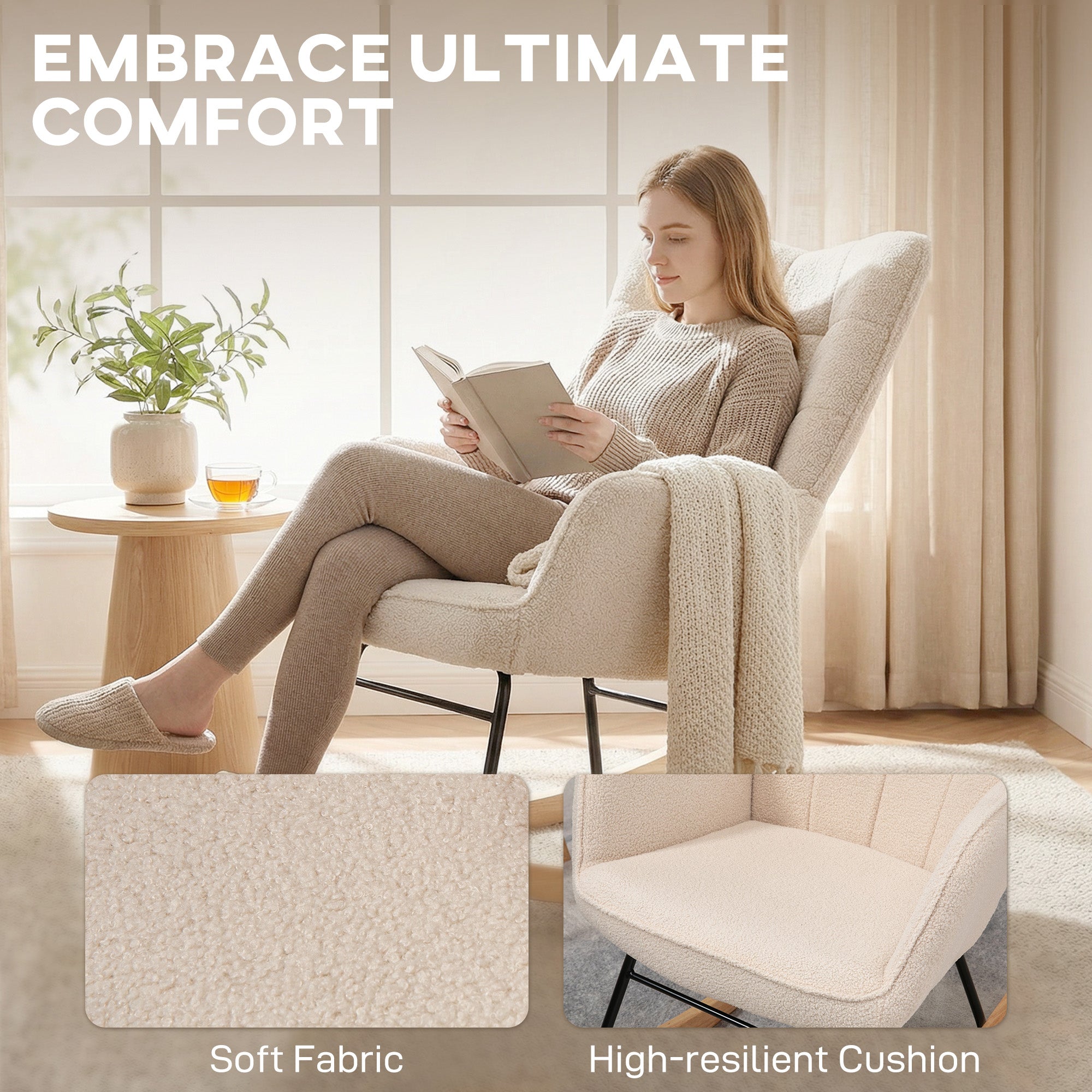 HOMCOM Berber Fleece Nursery Glider Rocker for Nursing, Wingback Rocking Chair for Living Room, Beige
