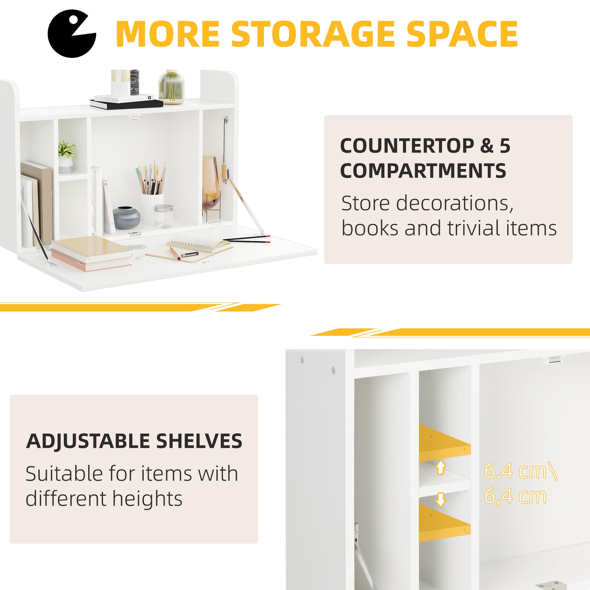 HOMCOM Wall Mounted Table, Drop Leaf Floating Laptop Desk with Space Saving Storage Compartments for Home Office and Study, 77cm x 20cm x 51cm, White - North Peak Garden Furniture