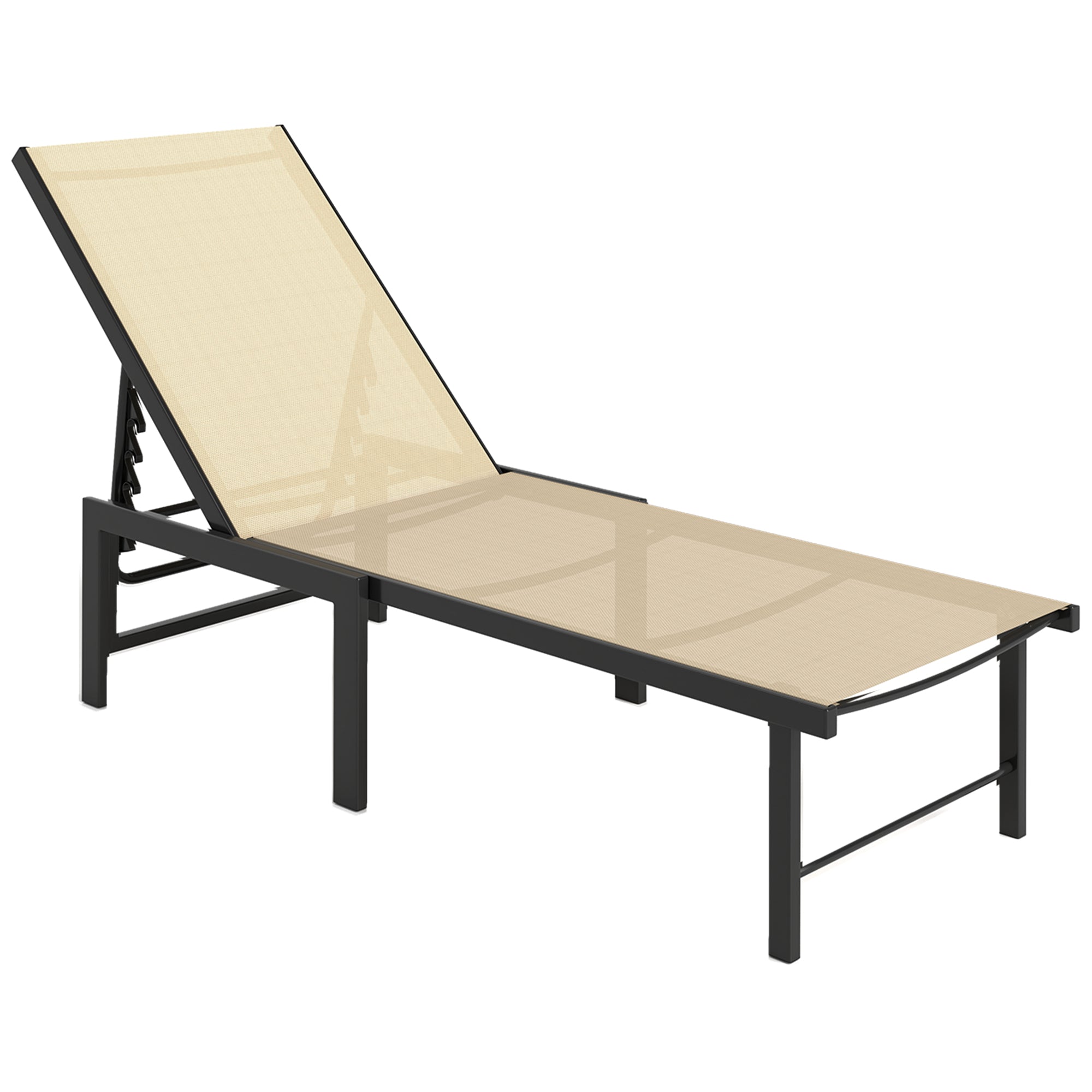 Outsunny Sun Lounger for Garden, 5-Level Adjustable Reclining Sun Lounger Chair, Flat Garden Lounger Sunbed with Texteline Seat, Steel Frame for Patio, Beach, Khaki - North Peak Garden Furniture