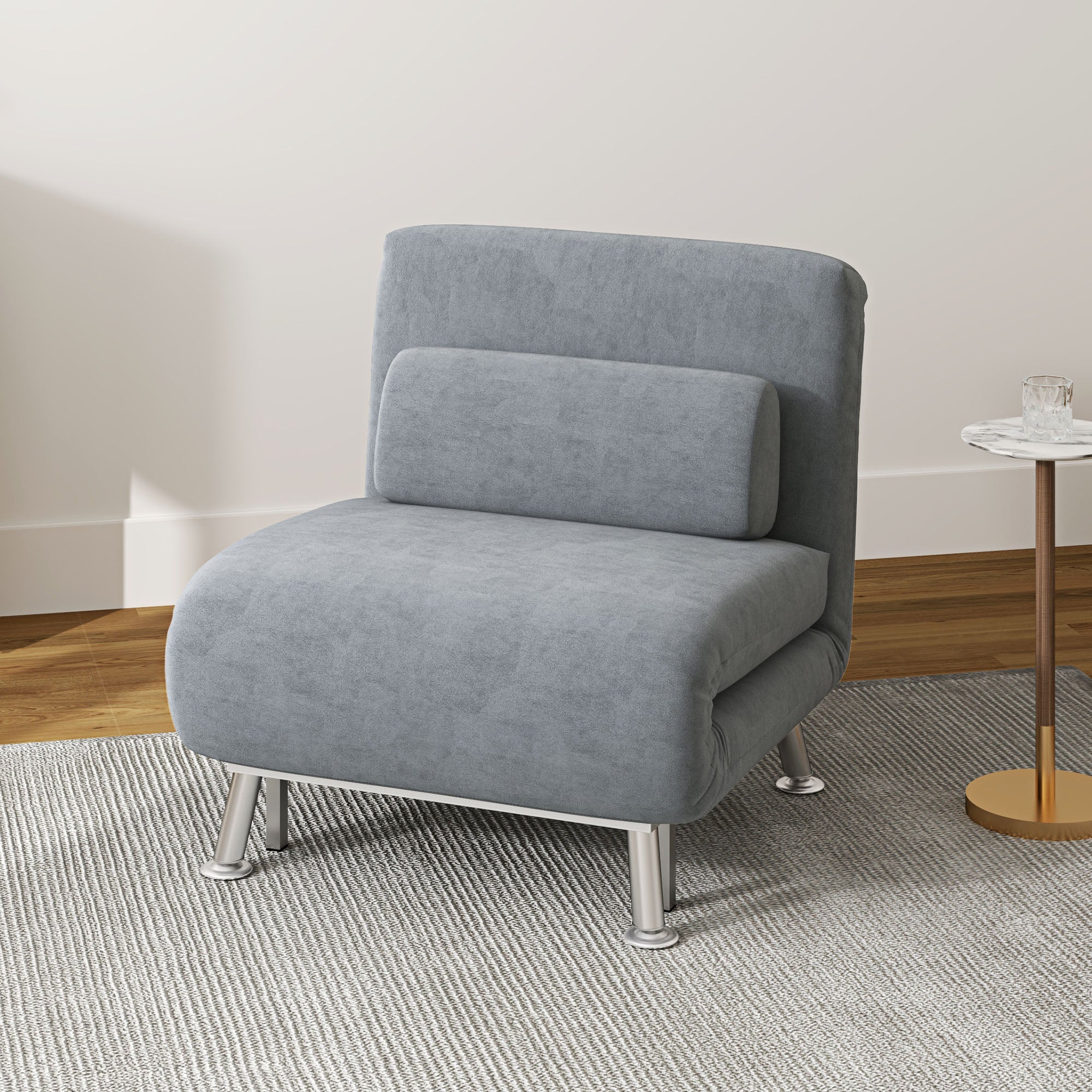 HOMCOM Single Velvet-Feel Sleeper Chair - Grey - North Peak Garden Furniture