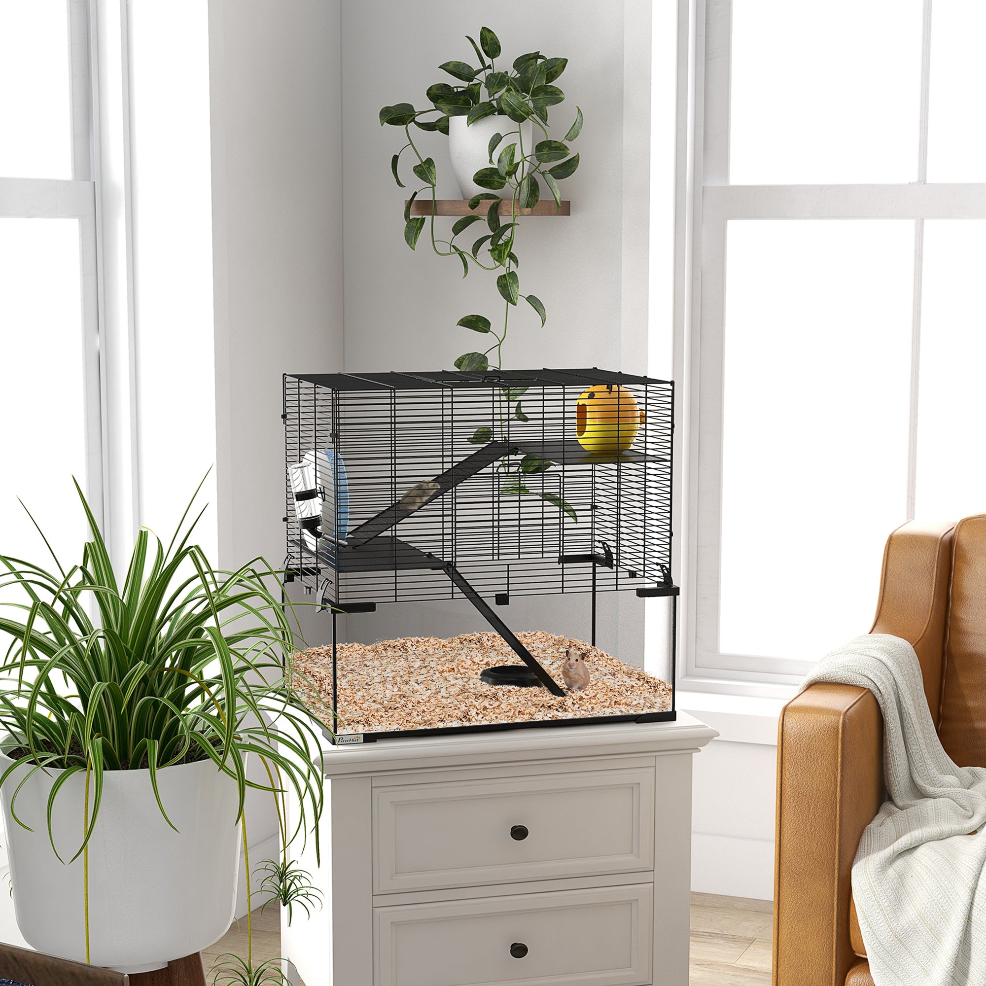 PawHut 3 Tiers Hamster Cage, Gerbil Cage with Deep Glass Bottom, Non-Slip Ramps, Platforms, Hut, Exercise Wheels, Water Bottle, Dish, for Syrian Hamster, Dwarf Hamster, 60 x 40 x 57cm - North Peak Garden Furniture