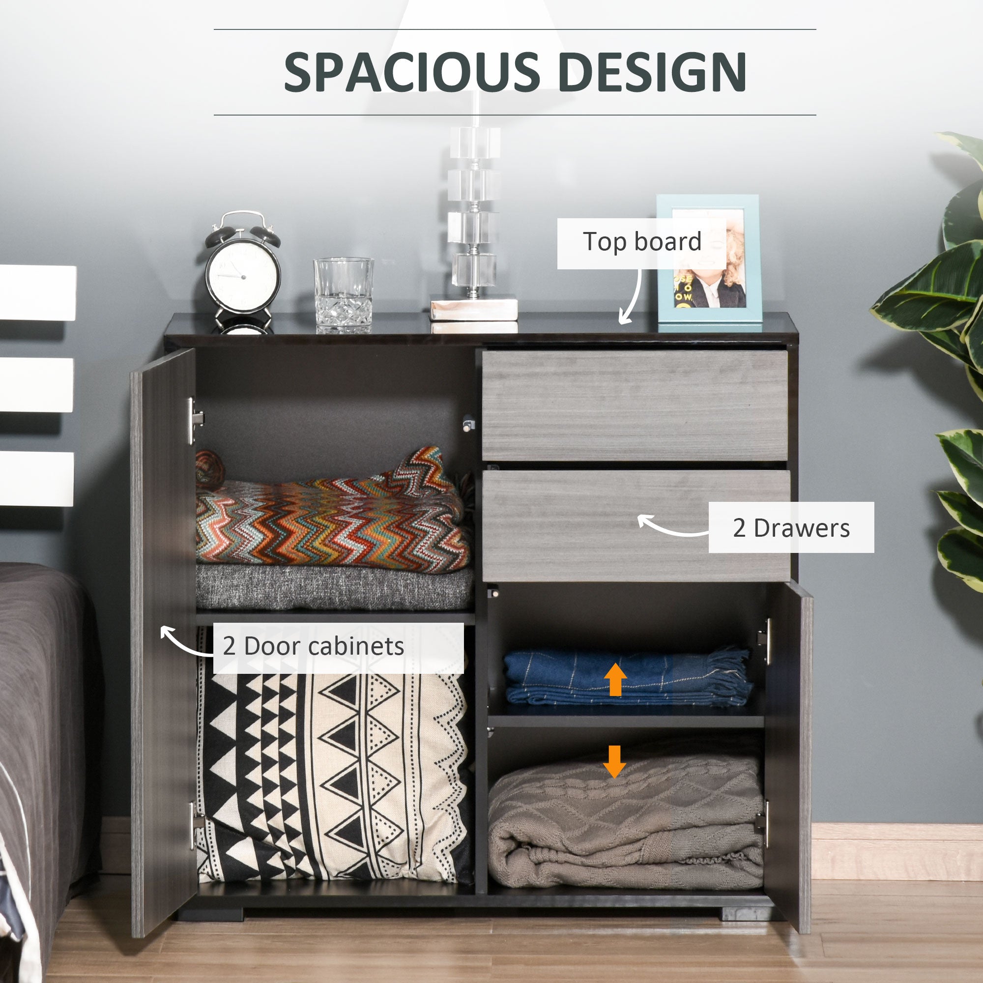 HOMCOM High Gloss Frame Sideboard, Side Cabinet, Push-Open Design with 2 Drawer for Living Room, Bedroom, Light Grey and Black - North Peak Garden Furniture