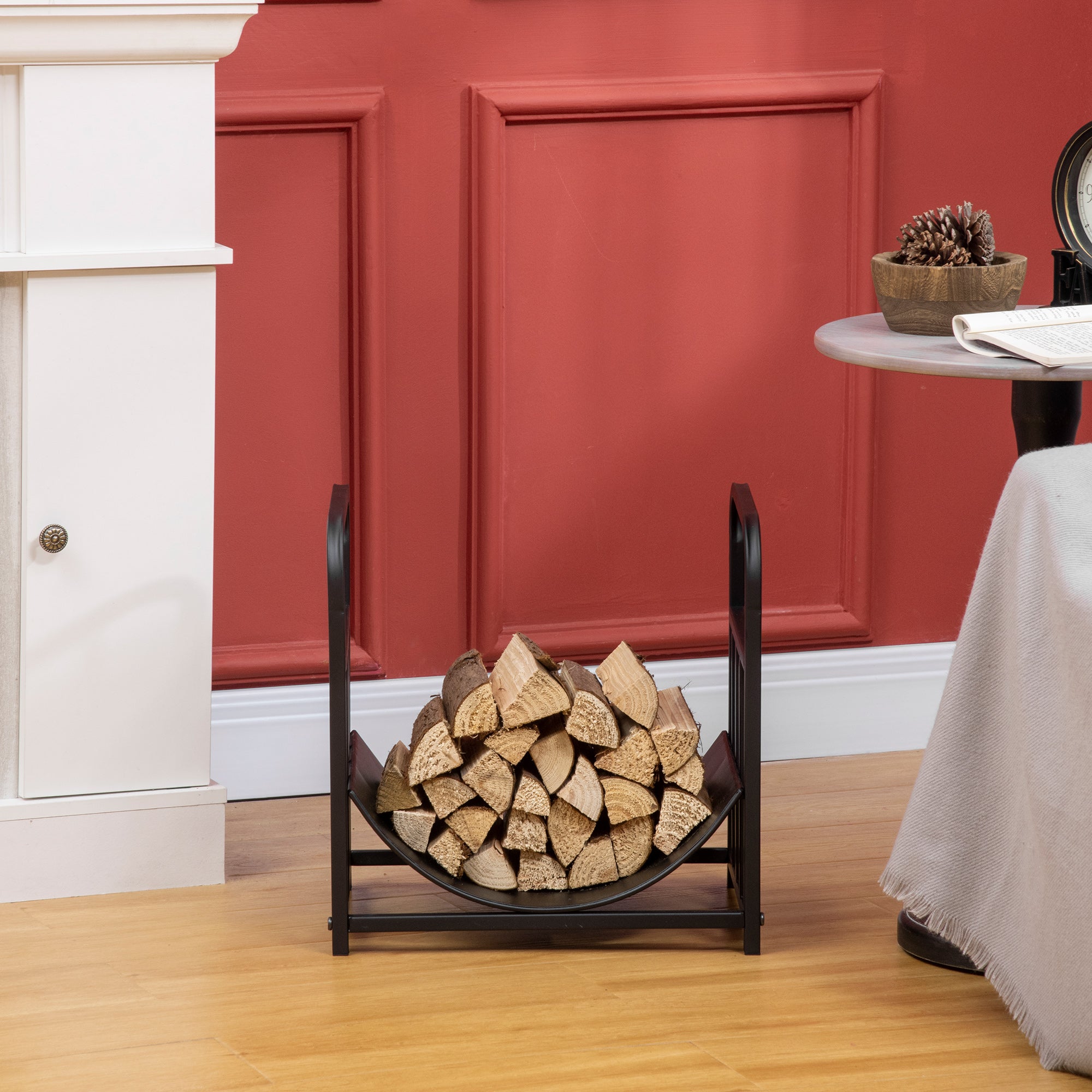Outsunny Metal Firewood Log Holder Indoor Outdoor Firewood Rack Inner Arced Fireplace Wood Storage Shelf w/ Bear Shape Design, Rust-Resistant, Black, 42W x 33.5D x 43H cm - North Peak Garden Furniture