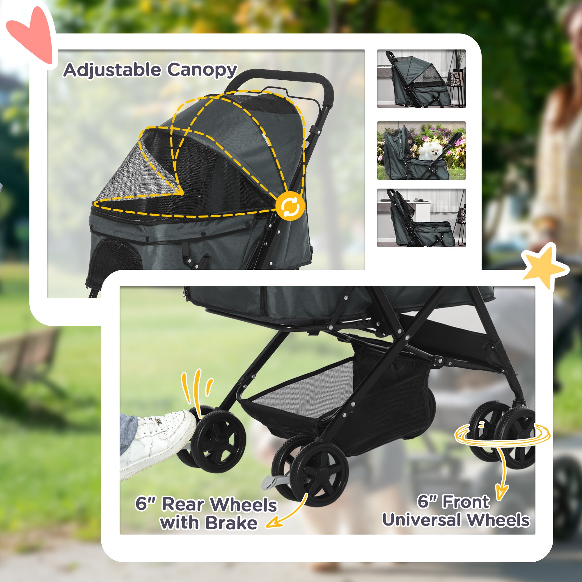 PawHut Pet Stroller Pushchair Foldable Travel Dog Cat Carriage w/ Reversible Handle Brake Basket