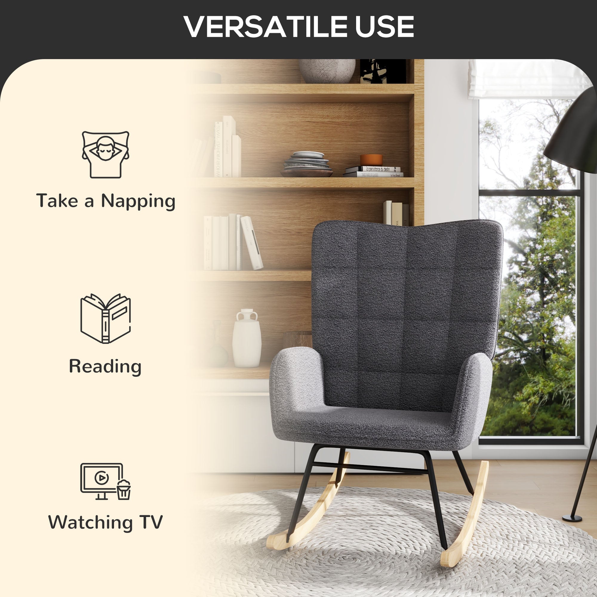 HOMCOM Berber Fleece Nursery Glider Rocker for Nursing, Wingback Rocking Chair for Living Room, Dark Grey