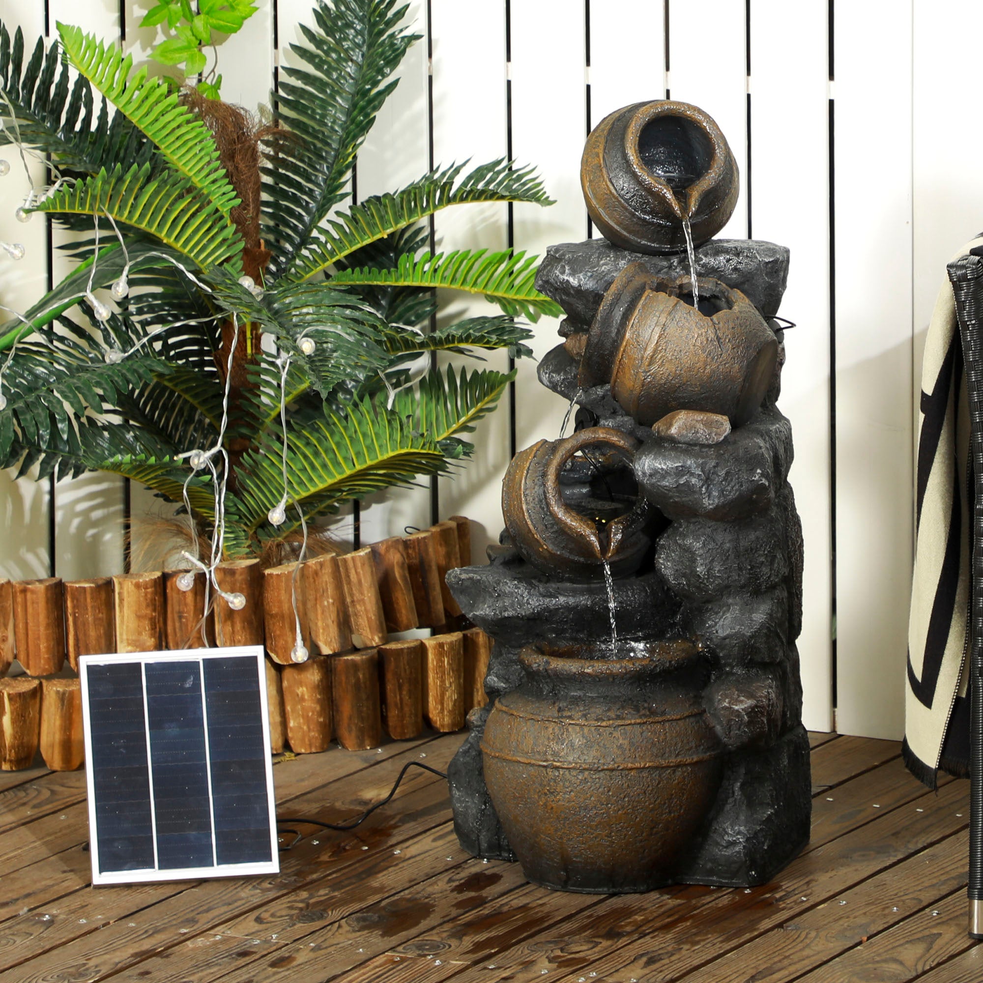 Outsunny Solar Powered Garden Water Feature with LED Lights and Pump, 4 Tier Cascading Water Fountain for Indoor/Outdoor, Jars Waterfall Ornament, 72cm Height - North Peak Garden Furniture