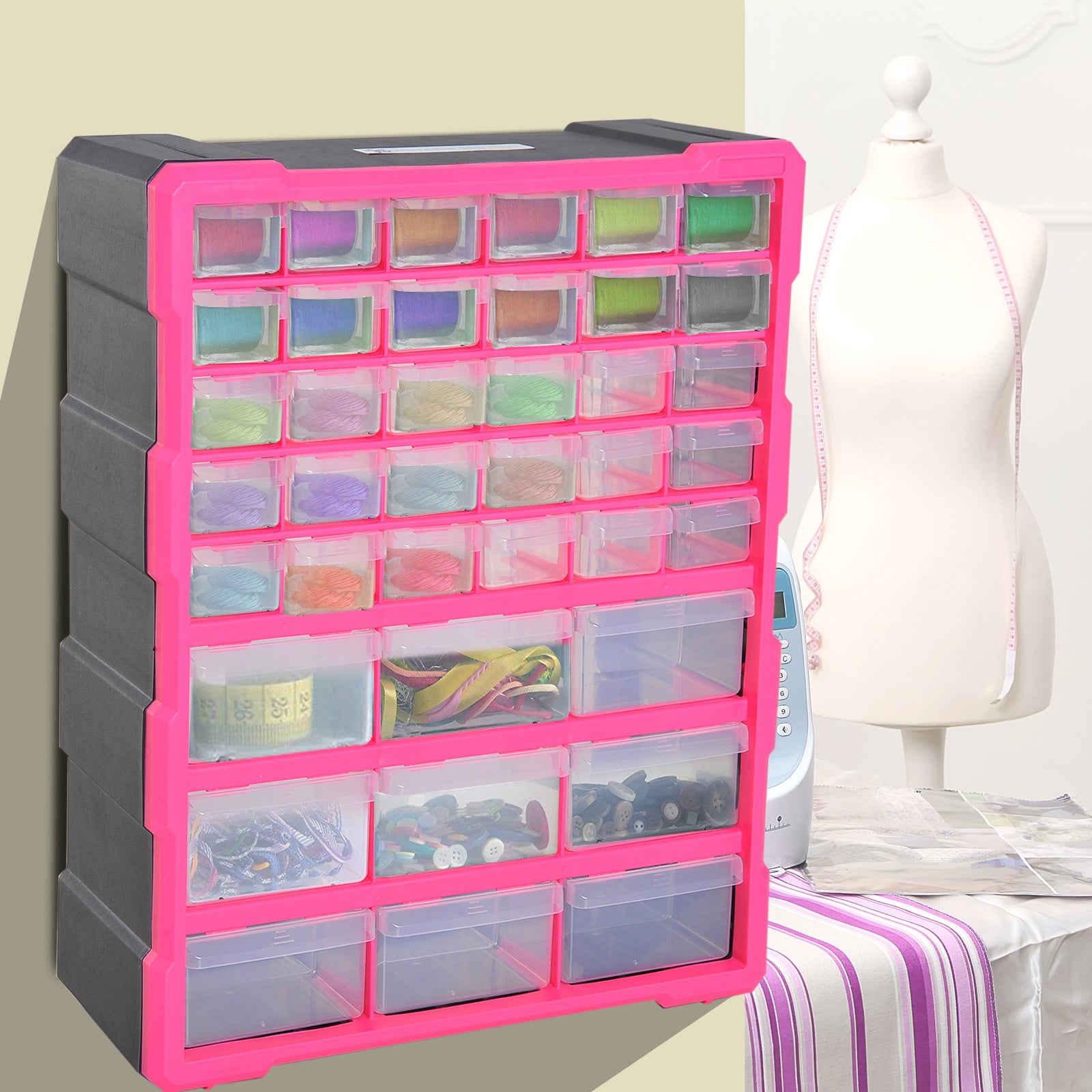 DURHAND Organiser Cabinet: 39 Drawer Plastic Storage Unit for Small Parts, Rose Red