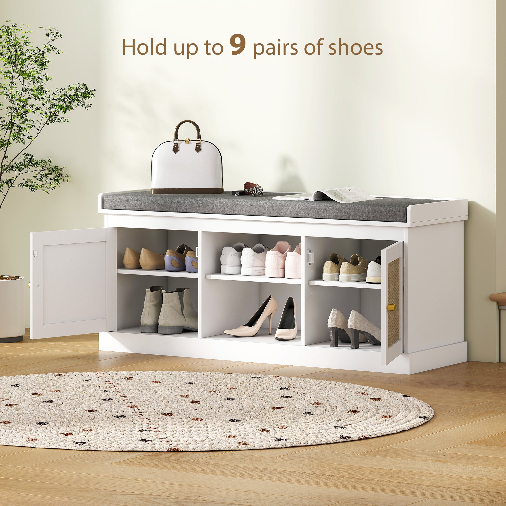 HOMCOM Boho Shoe Storage Bench with Padded Cushion and Rattan Doors - White