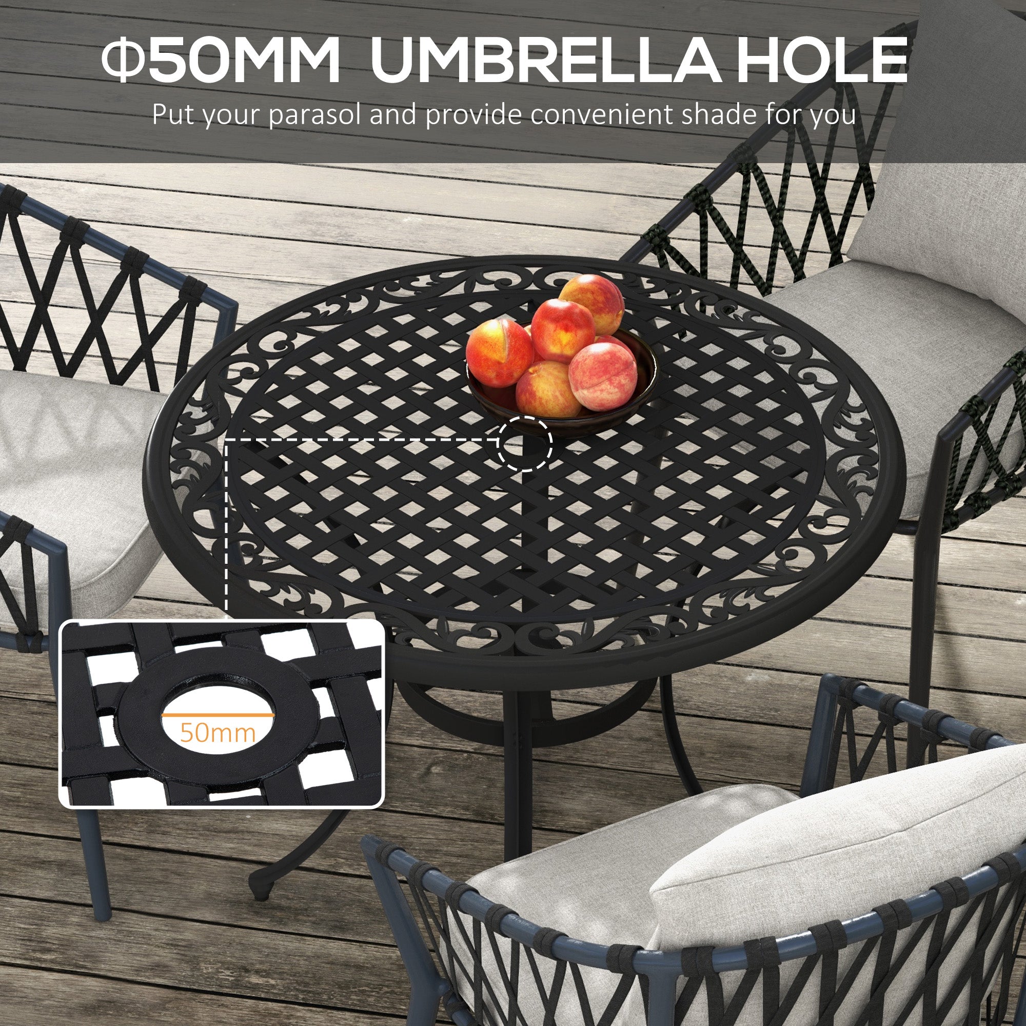Outsunny Φ90cm Four-Seated Round Aluminium Garden Table, with Parasol Hole - North Peak Garden Furniture