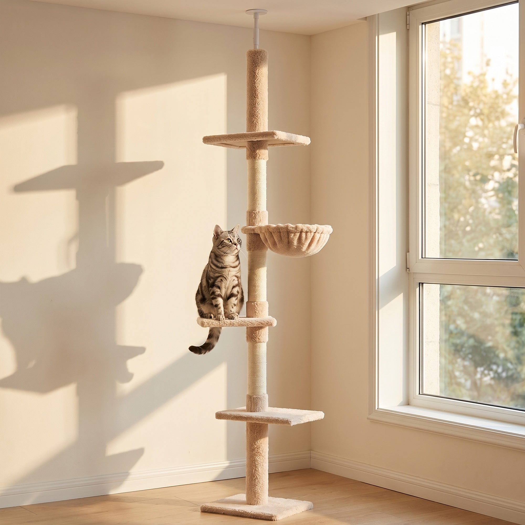 PawHut Floor to Ceiling Cat Tree for Indoor Cats 5-Tier Kitty Tower Climbing Activity Center Scratching Post Adjustable Height 230-260 cm Beige