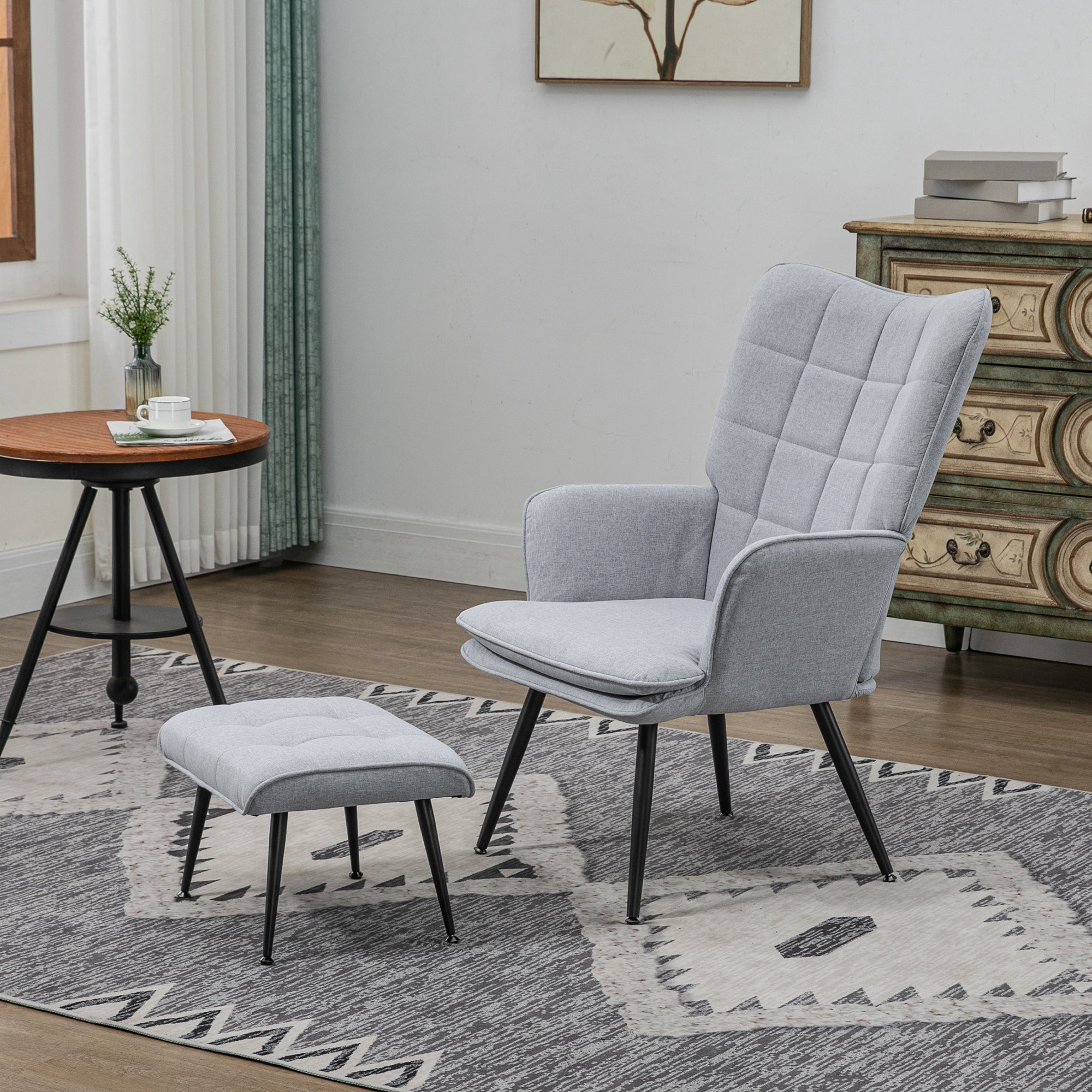 HOMCOM Armchair with Footstool, Living Room Chair, Linen Accent Chair for Bedroom, Home Study, Light Grey - North Peak Garden Furniture