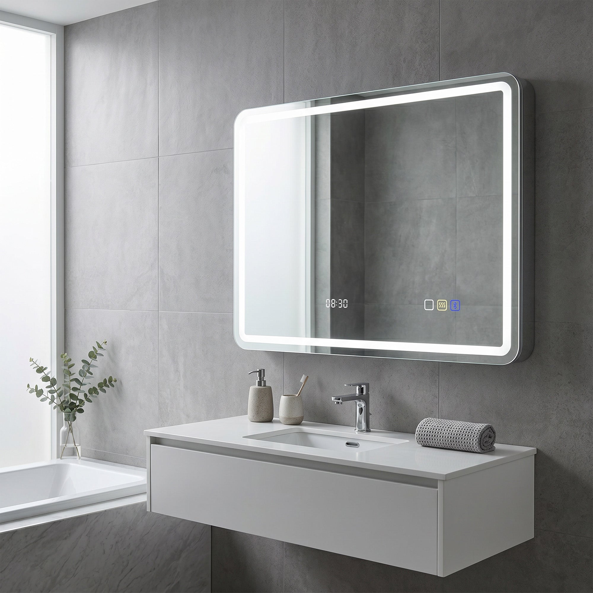 HOMCOM 60 x 80 cm Bluetooth LED Bathroom Mirror with Clock Anti-Fog - Silver Tone