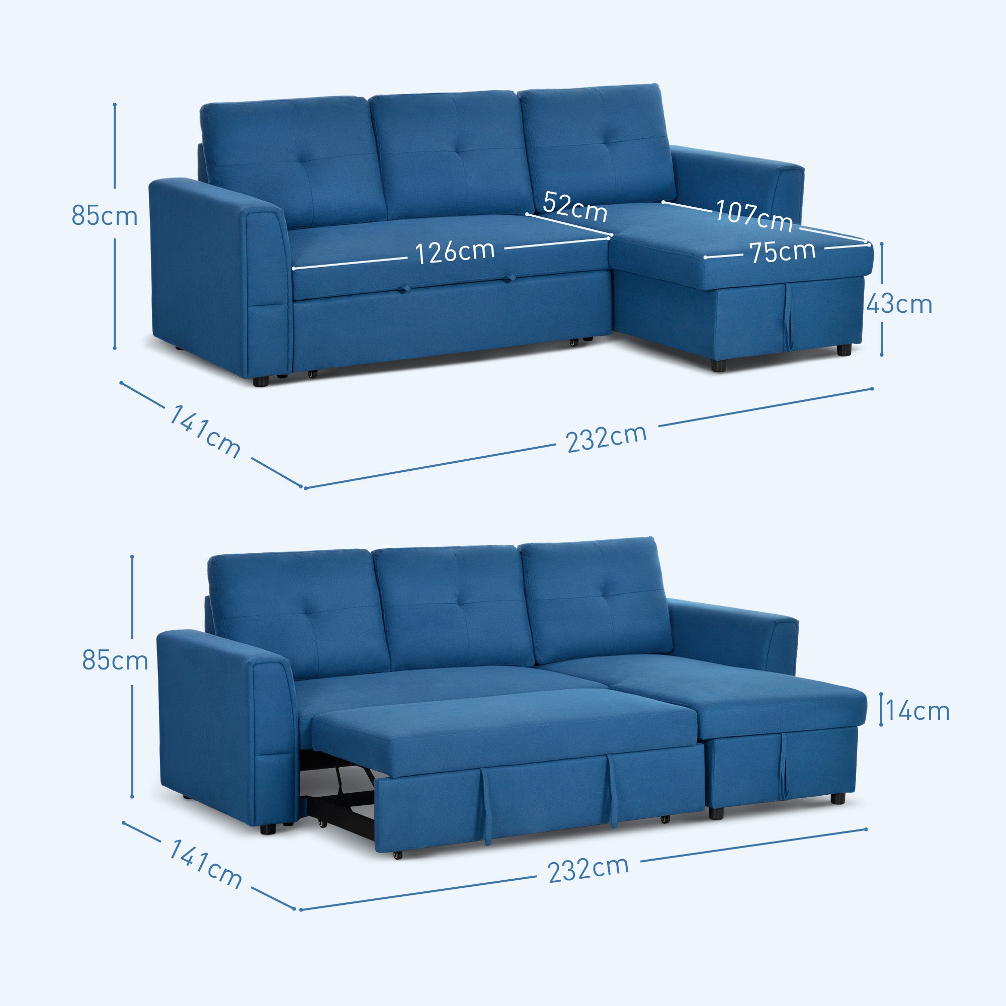 HOMCOM 3 Seater Sofa Bed, L-Shaped Corner Sofa, Pull Out Sofa with Storage, Convertible Click Clack Settee Sectional Sleeper Futon for Living Room, Office, Dark Blue