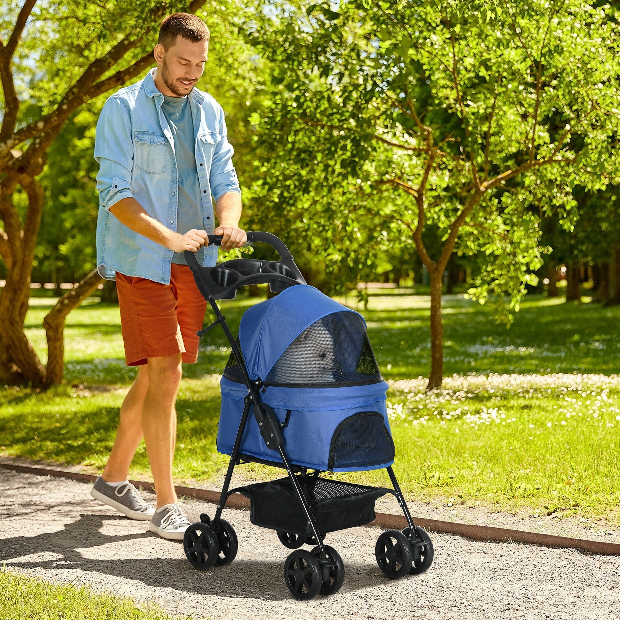 PawHut Dog Pram Dog Stroller Foldable Pet Pushchair with 4 Wheels, Safety Leashes, Cup Holder for Small Dogs, Blue - North Peak Garden Furniture