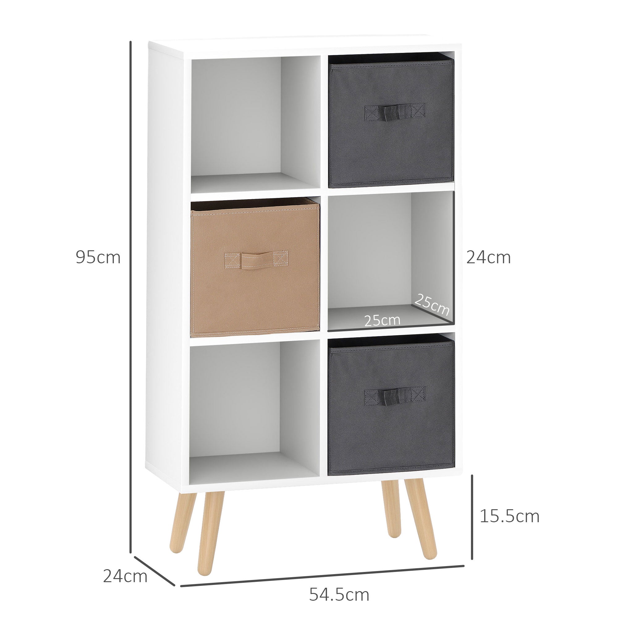 HOMCOM Freestanding 6 Cube Unit Cabinet Unit w/ 3 Fabric Drawers Handles Home Office Storage Shelves White