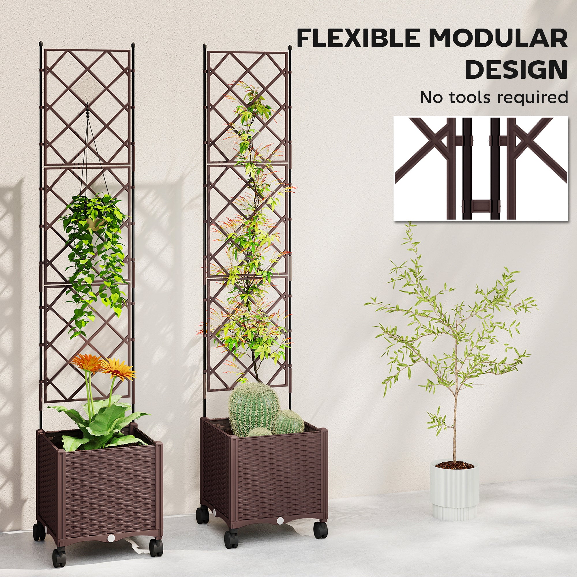 Outsunny Plastic Raised Planter with Trellis, Self Watering Raised Bed for Garden with Wheels, Drainage Holes and Plugs