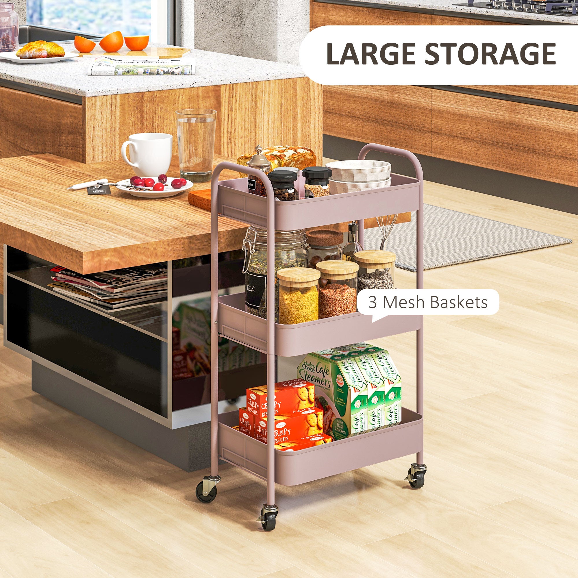 HOMCOM Three-Tier Steel Storage Trolley - Pink - North Peak Garden Furniture