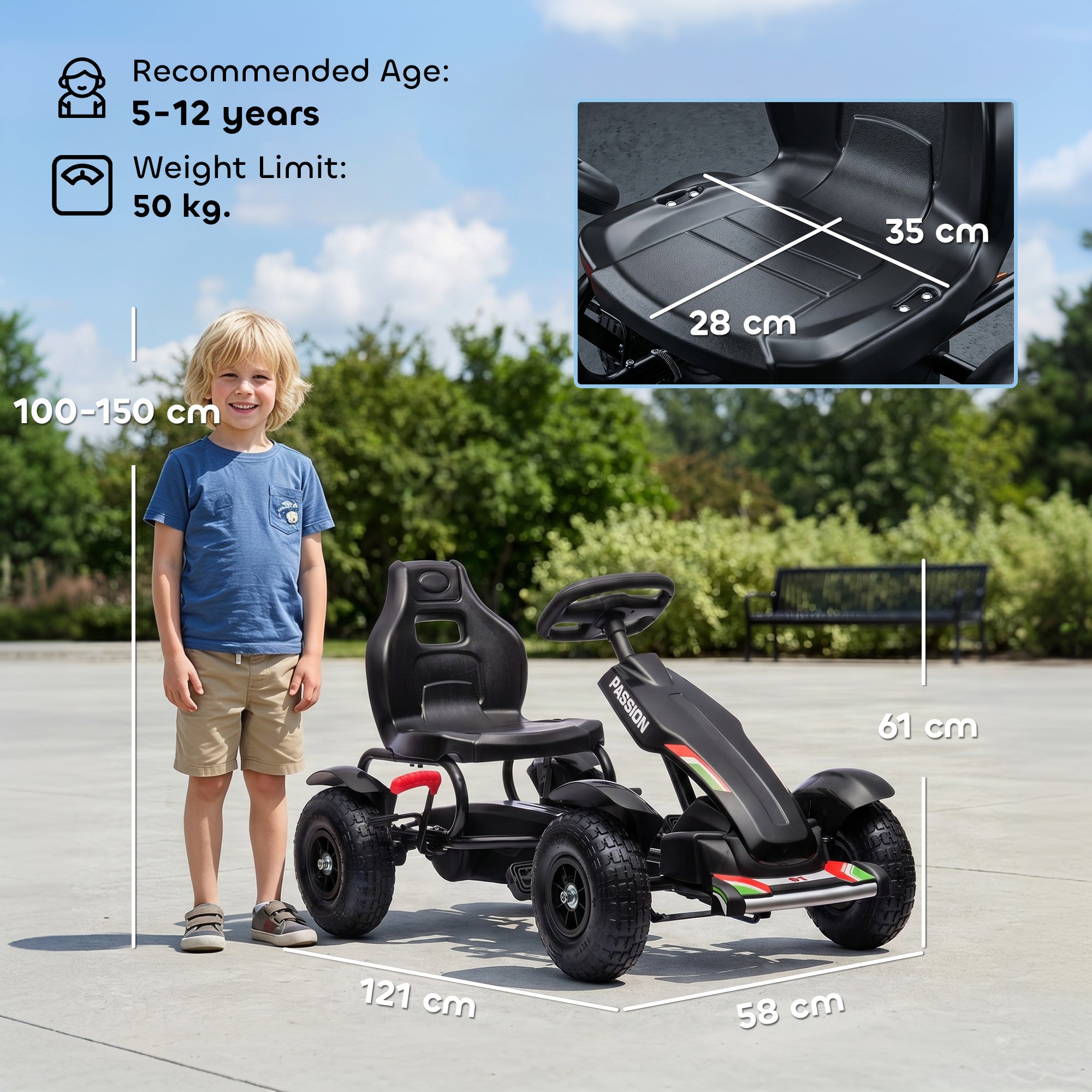 HOMCOM Metal Kids Pedal Go Kart with Adjustable Seat Inflatable Tyres Black