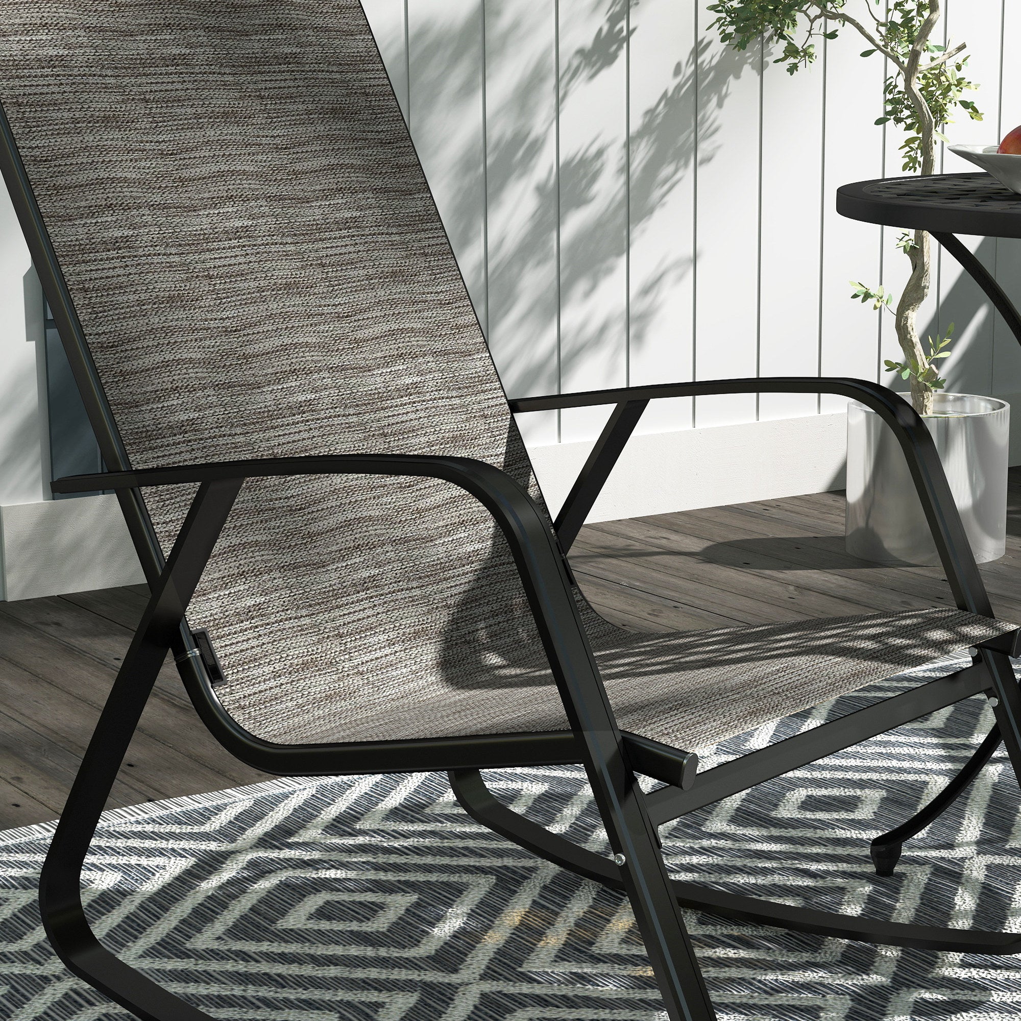 Outsunny Garden Rocking Chairs Set of 2, Ergonomic Outdoor Rocking Chairs with Armrests, High Backrest, Steel Frame Relaxing Rocker Armchair Seats for Patio, Balcony, Porch, Light Brown - North Peak Garden Furniture