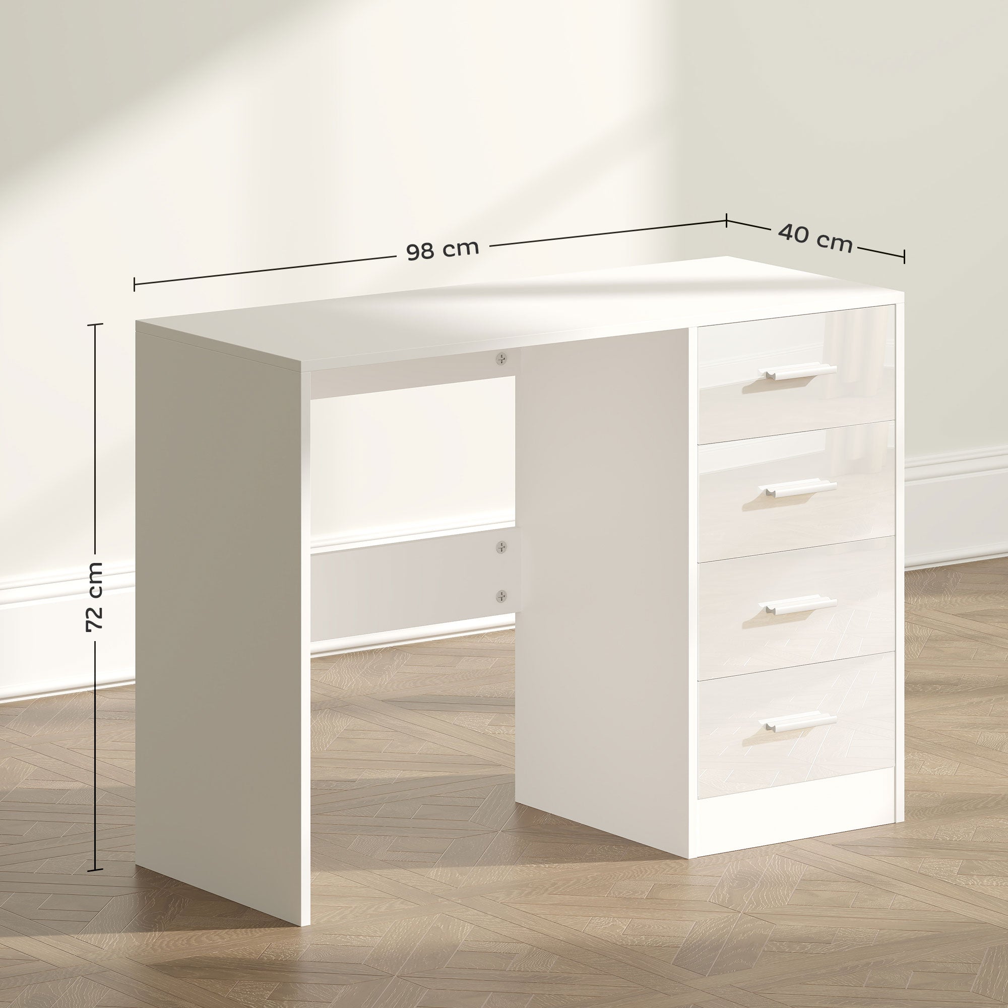 HOMCOM Computer Desk with Drawers, Dressing Table, High Gloss Home Office Writing Workstation, White - North Peak Garden Furniture
