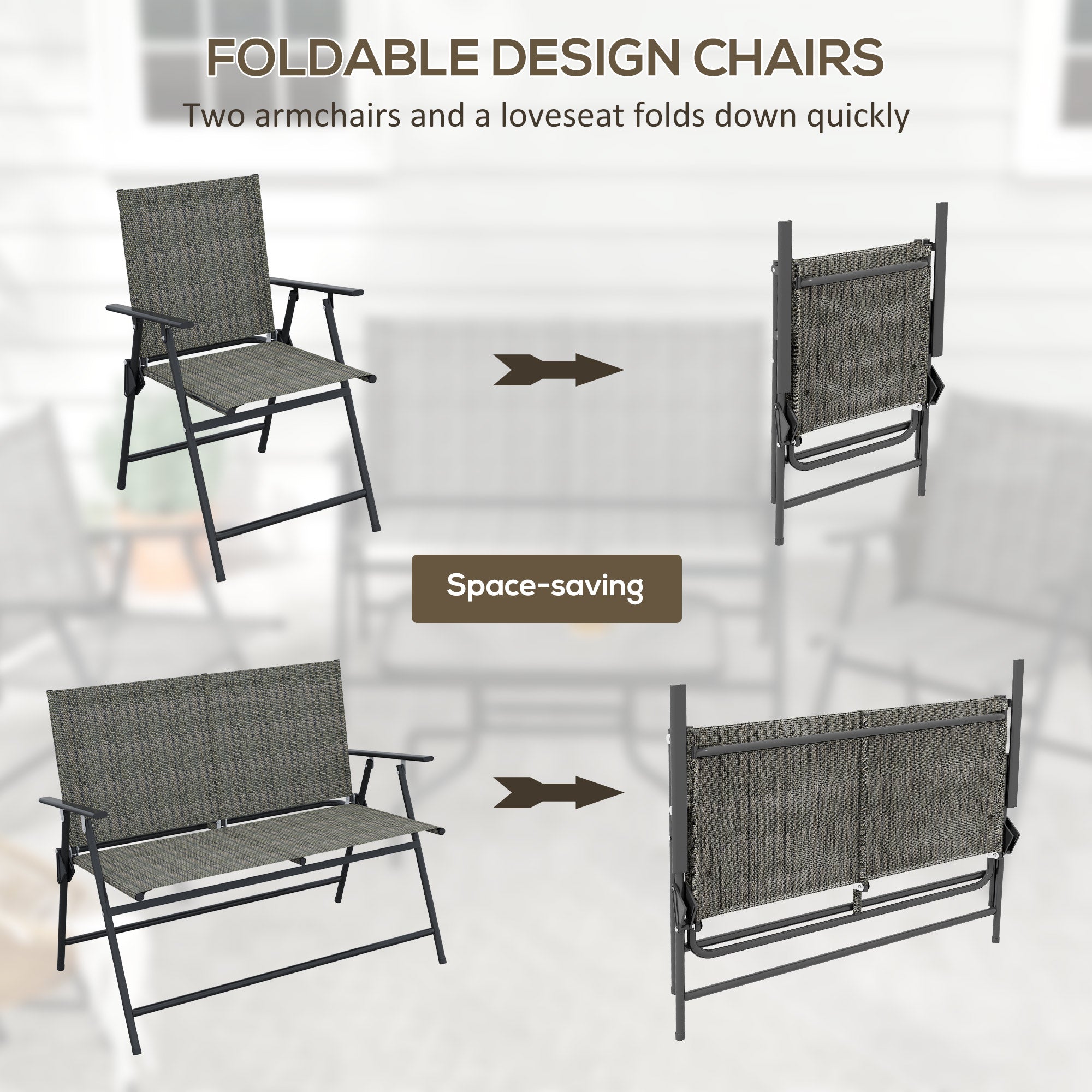Outsunny Outdoor 4 Pieces Patio Furniture Set with Breathable Mesh Fabric Seat & Backrest, Garden Set with Two Foldable Armchairs, a Loveseat & Glass Top Table, Mixed Brown - North Peak Garden Furniture