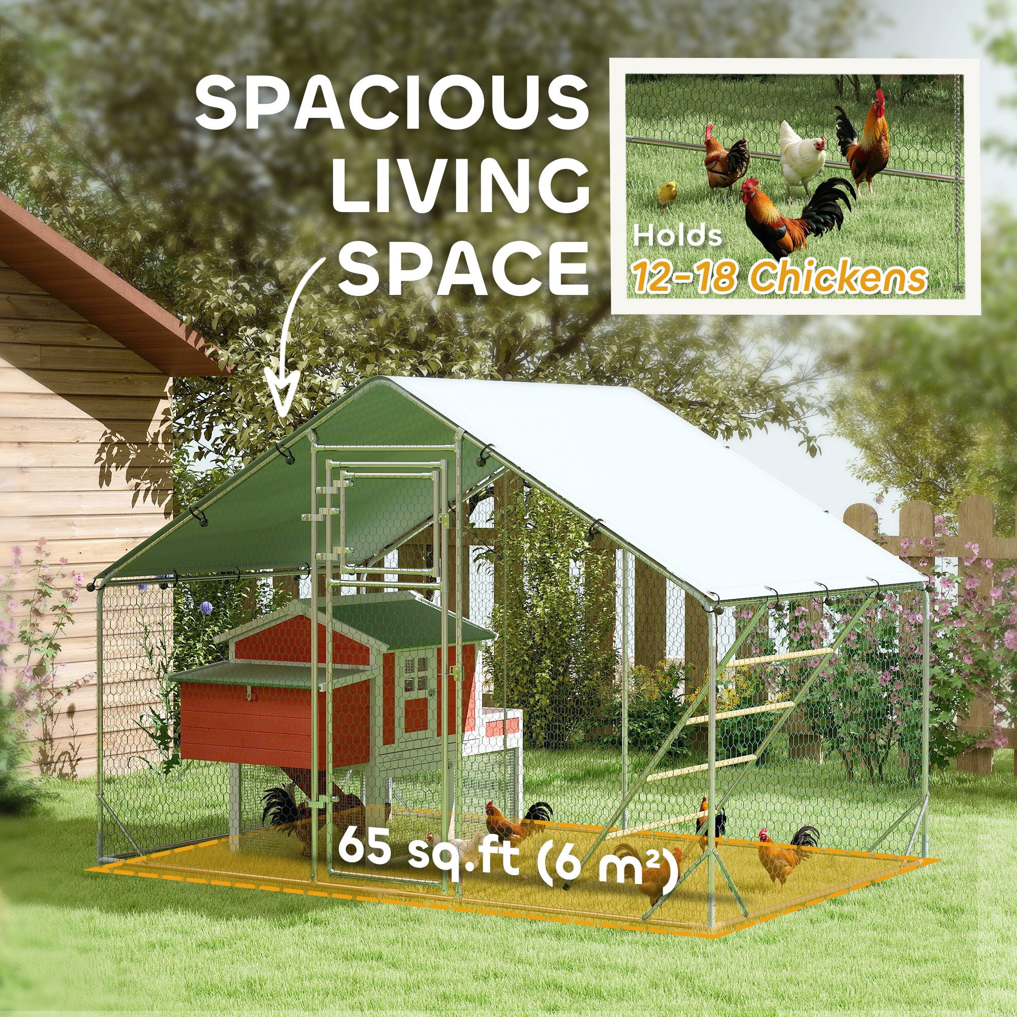 PawHut Walk in Chicken Run w/ Cover, Feeding Door, Hanging Feeder, Perch, for 6-8 Poultry