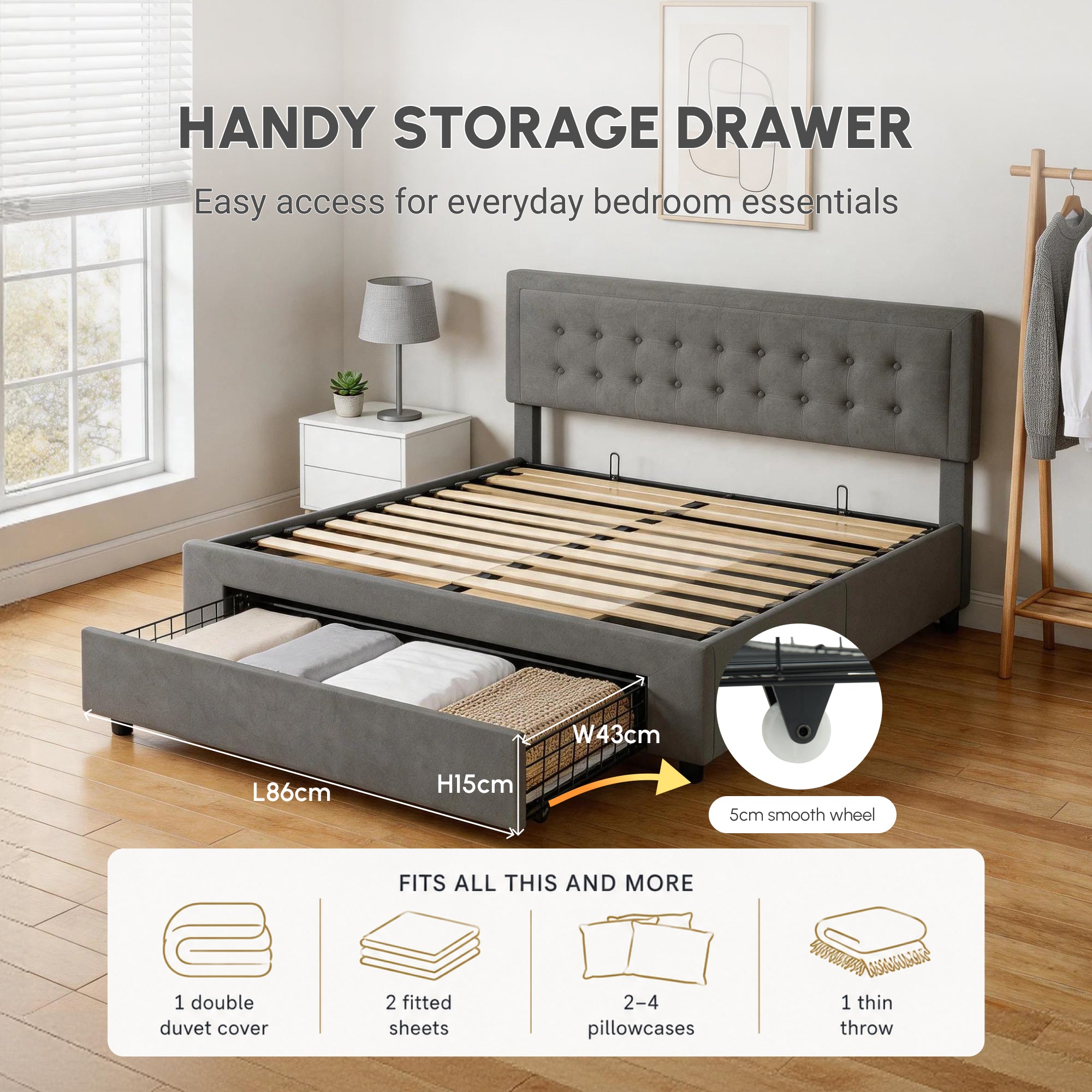 HOMCOM King Size Ottoman Bed Frame, with Front Drawer - Grey
