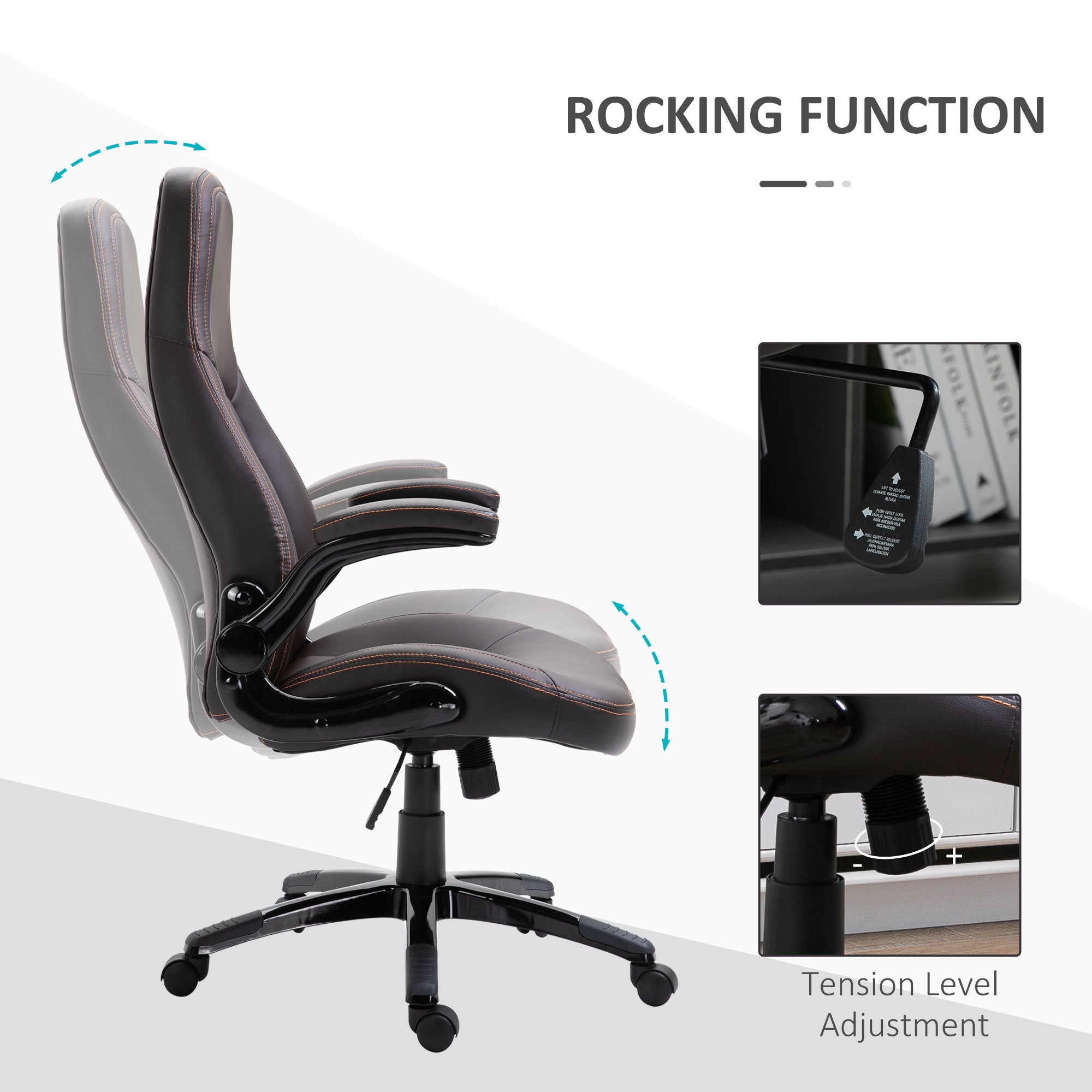 Vinsetto Computer Gaming Chair, PU Leather Office Chair, Swivel Desk Chair with Adjustable Arms and Height, Padded Armrest and Seat, Rolling Wheels, Coffee - North Peak Garden Furniture